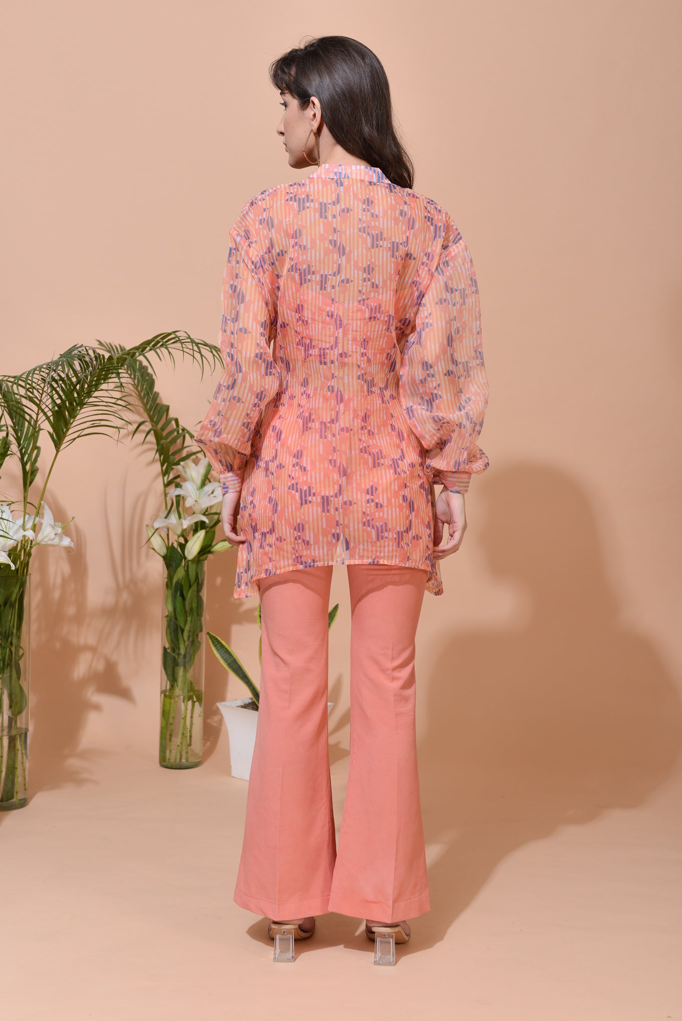 Eleanor in-house Print Organza Asymmetric Long Shirt and Crepe Crop Top and Flared Pants - Set of 3