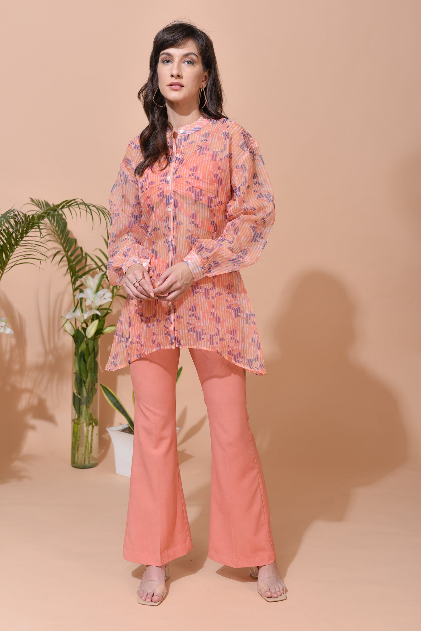 Eleanor in-house Print Organza Asymmetric Long Shirt and Crepe Crop Top and Flared Pants - Set of 3