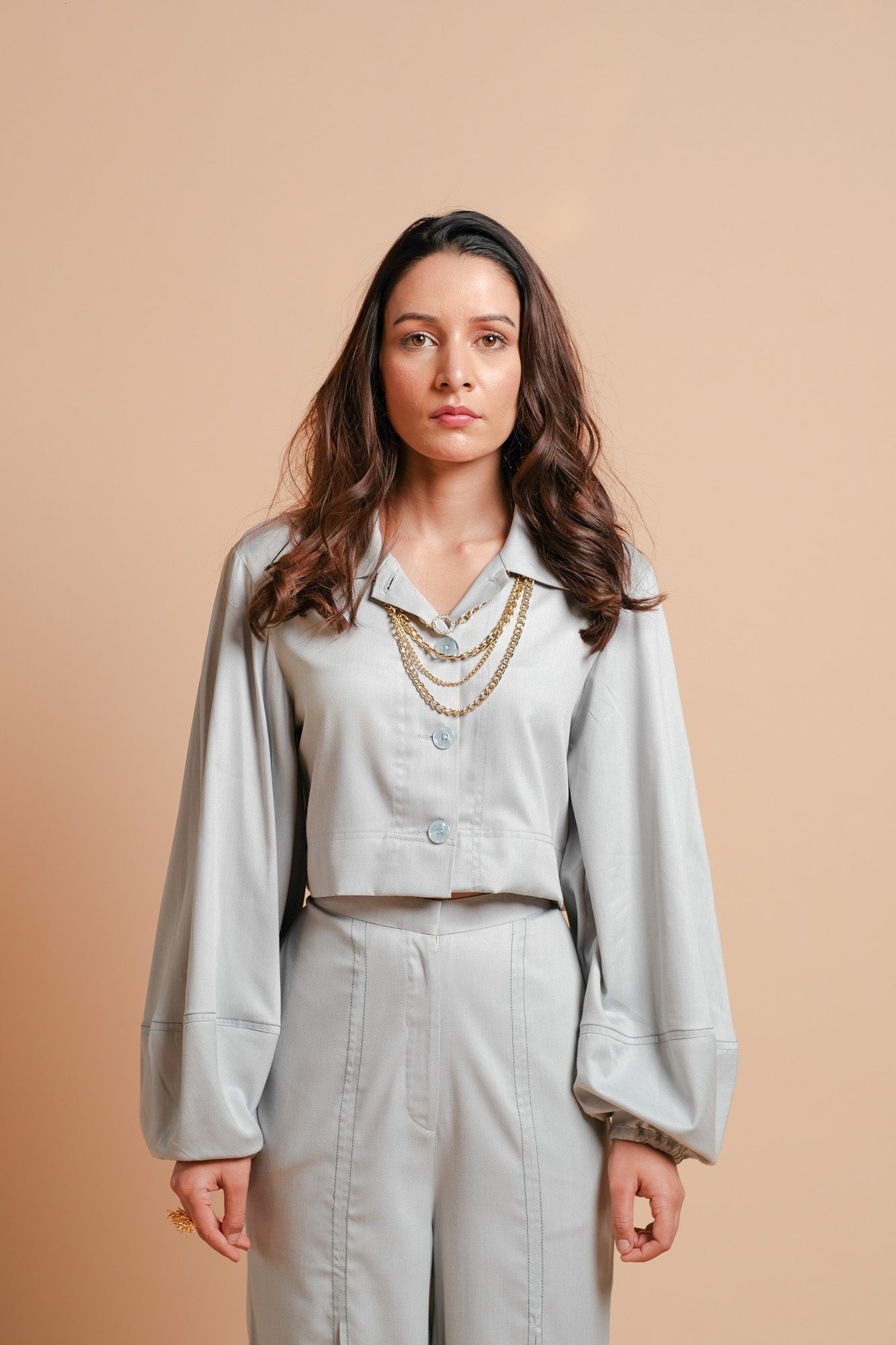 Sea Holly Boxy Fit Shirt and High-slit Flared Trousers- Set of 2