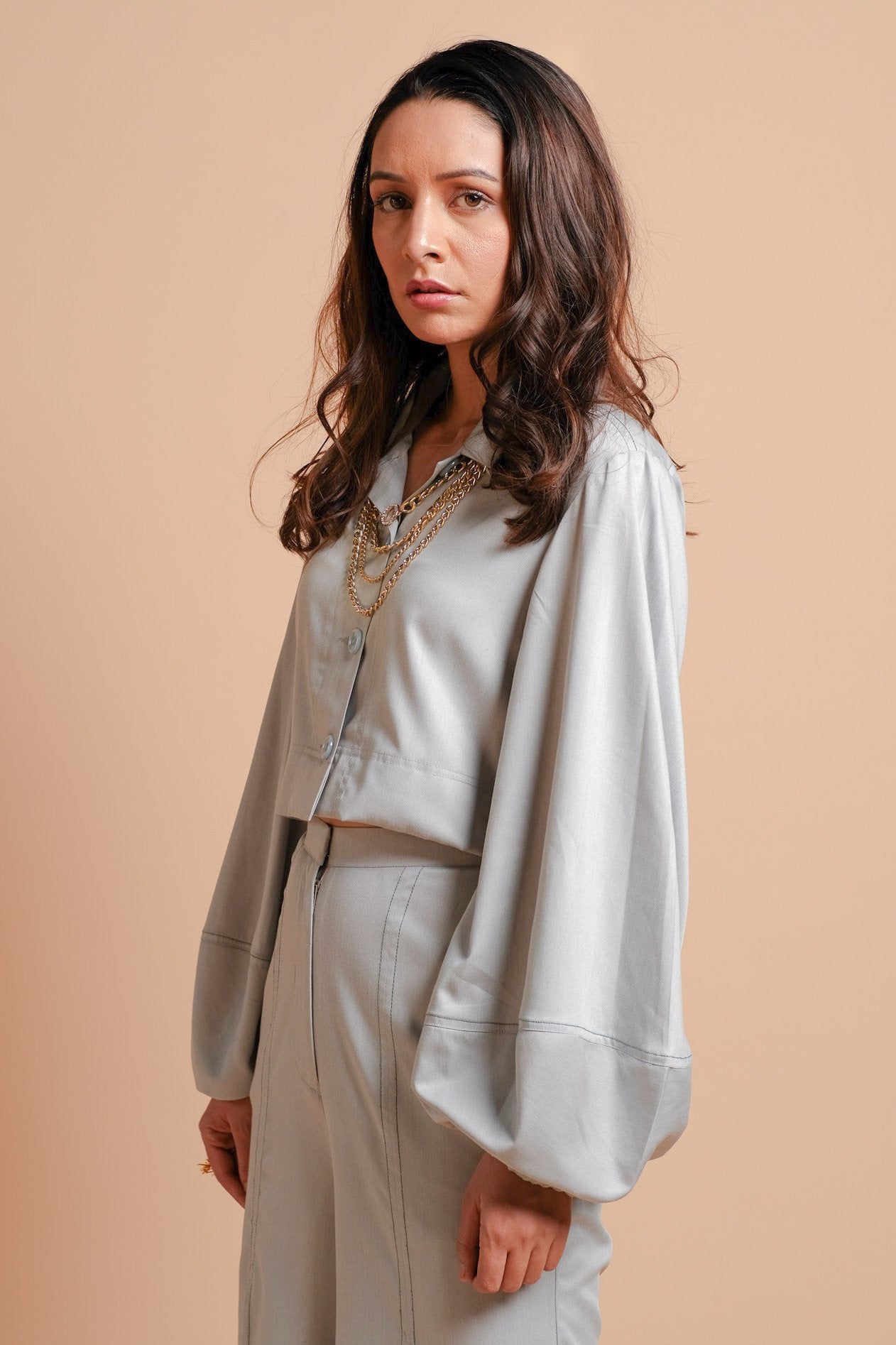 Sea Holly Boxy Fit Shirt and High-slit Flared Trousers- Set of 2