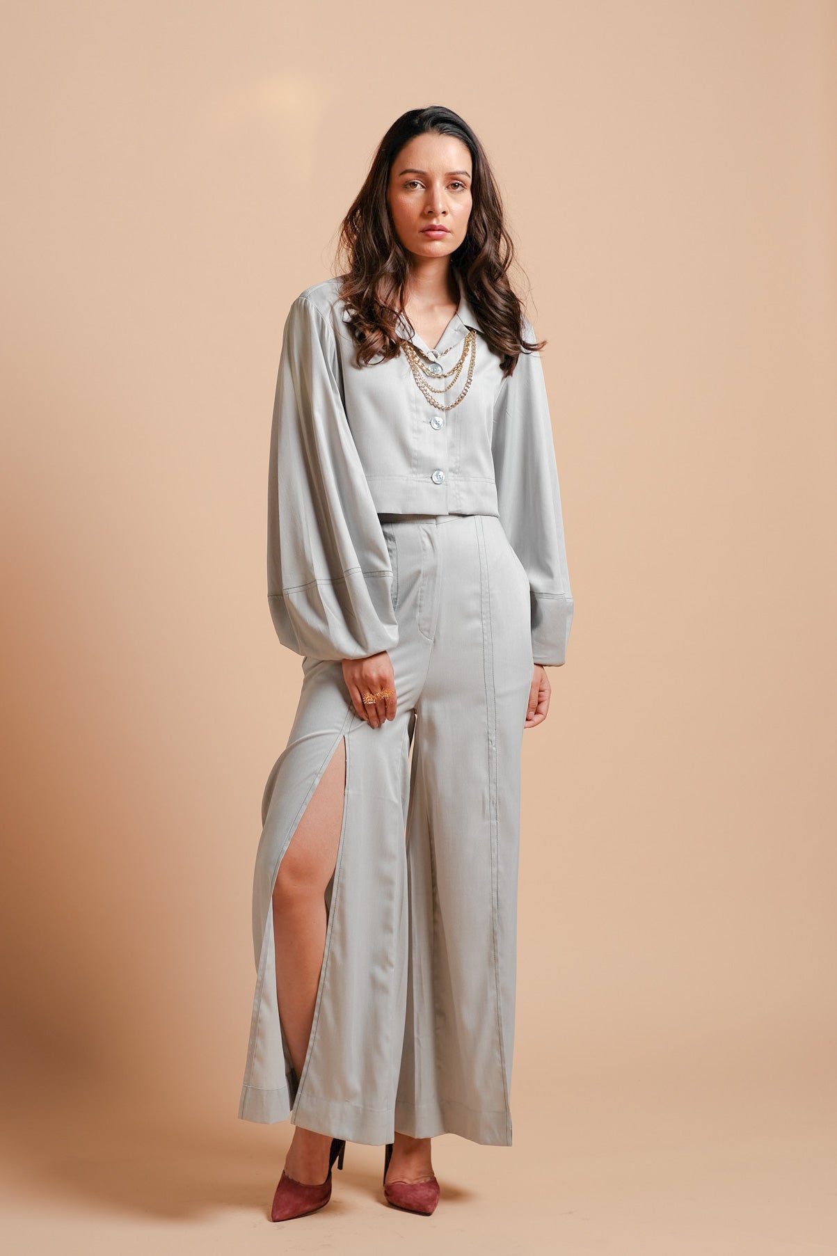 Sea Holly Boxy Fit Shirt and High-slit Flared Trousers- Set of 2