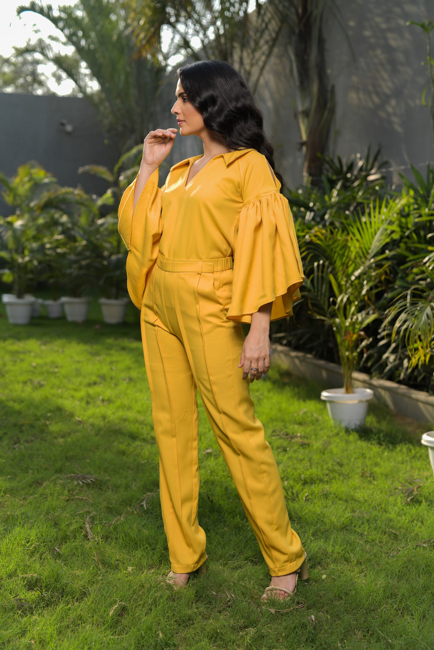 Millie Open Collar with Flared Sleeves top and Straight Fit Tailored trousers - Set of 2