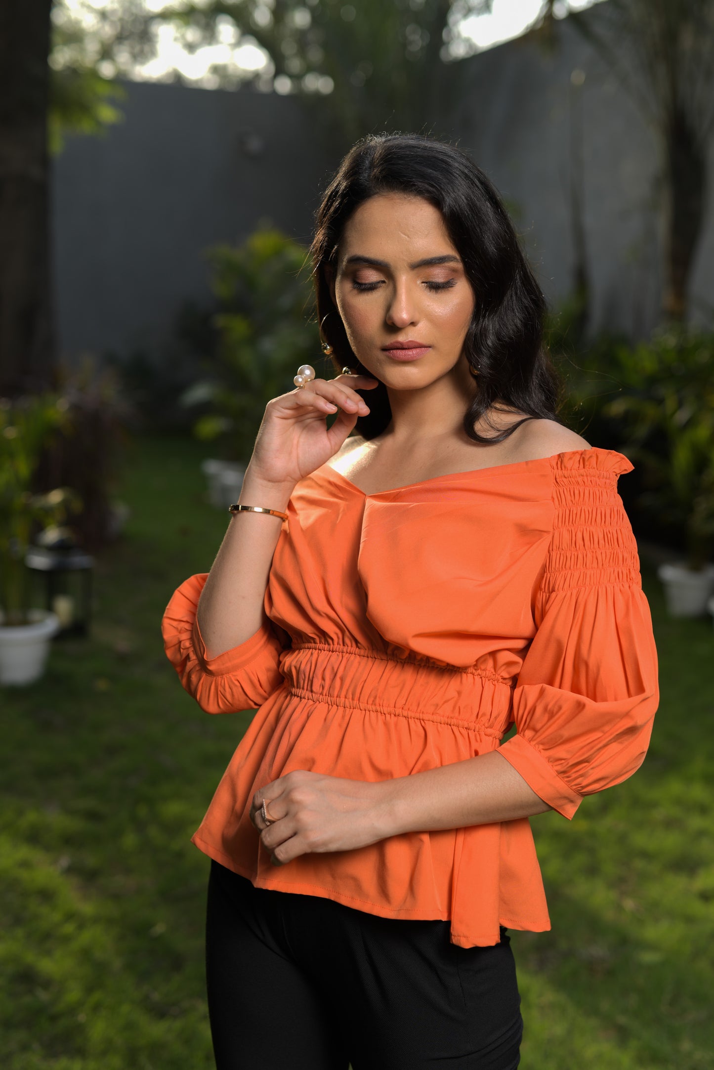 Jessika off-shoulder Smocked Peplum Top with Asymmetric hem Pencil Fit Trouser - Set of 2