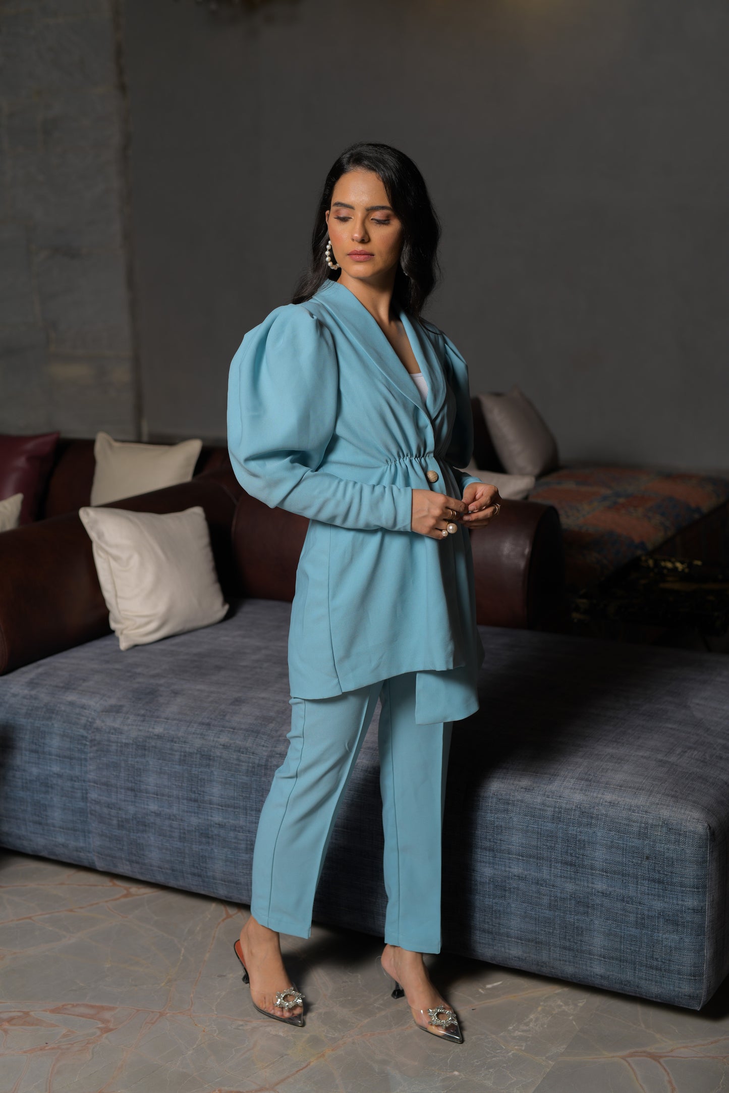Seagull Gathered Asymmetric Blazer with Tailored Trousers - Set of 2