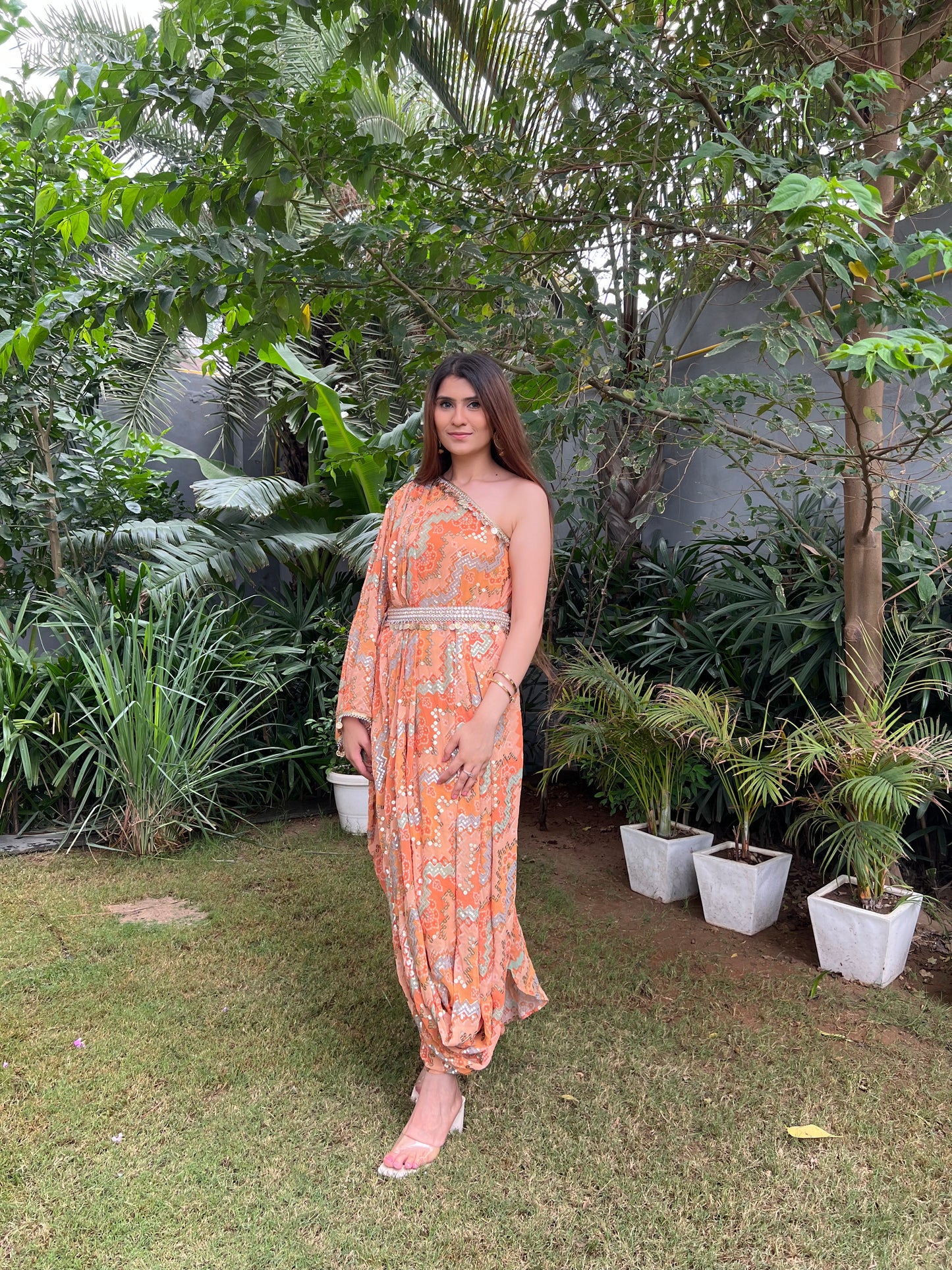 Khwaab Sequenced Bandhni one shoulder draped dress with embellished belt