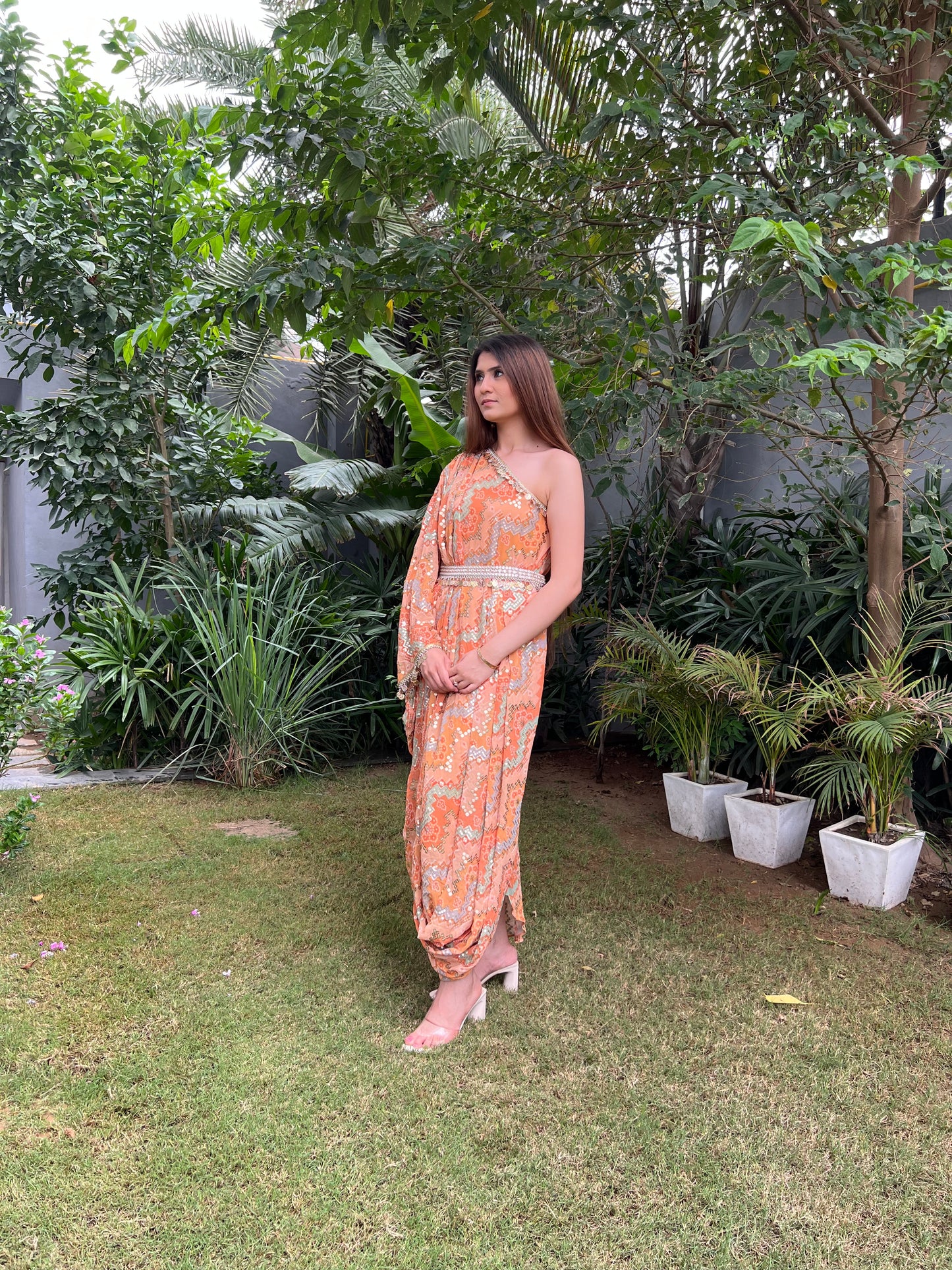 Khwaab Sequenced Bandhni one shoulder draped dress with embellished belt
