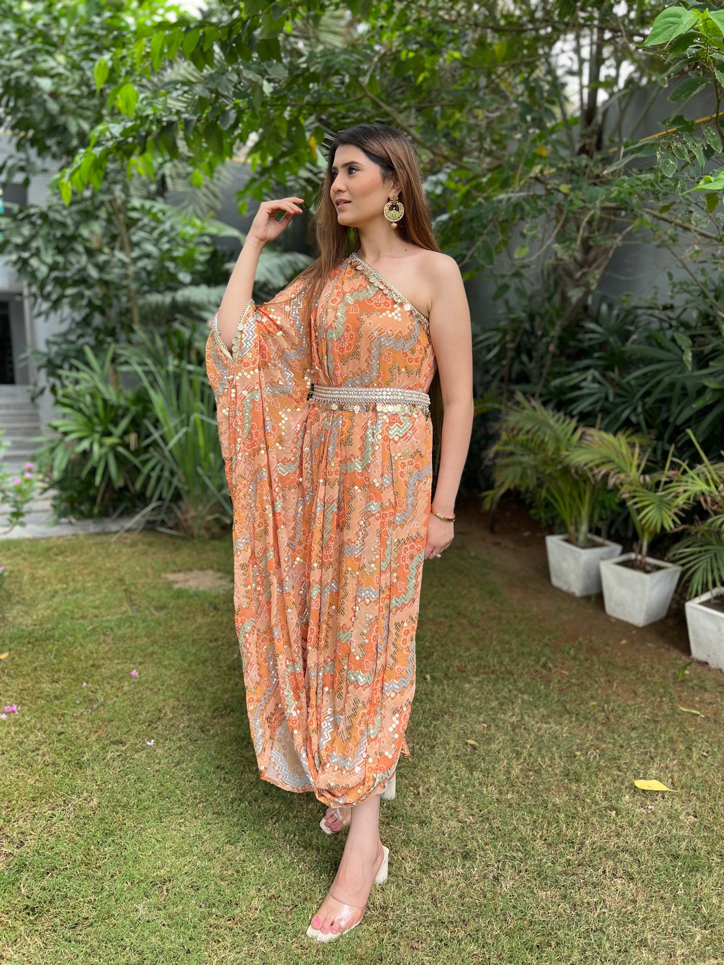 Khwaab Sequenced Bandhni one shoulder draped dress with embellished belt