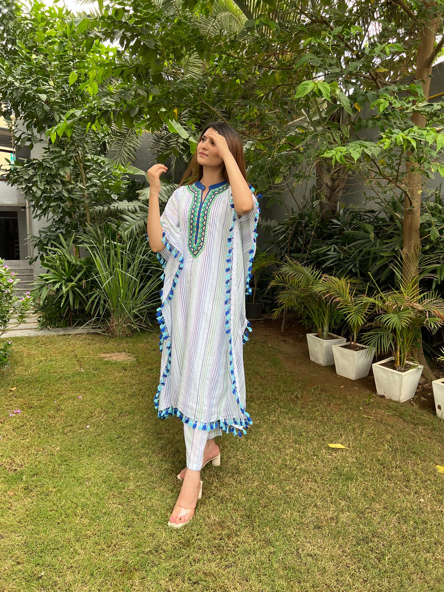 Saba Textured Cotton Blend Long Kaftan with Tassel Detailing and Straight fit Pants - Set of 2