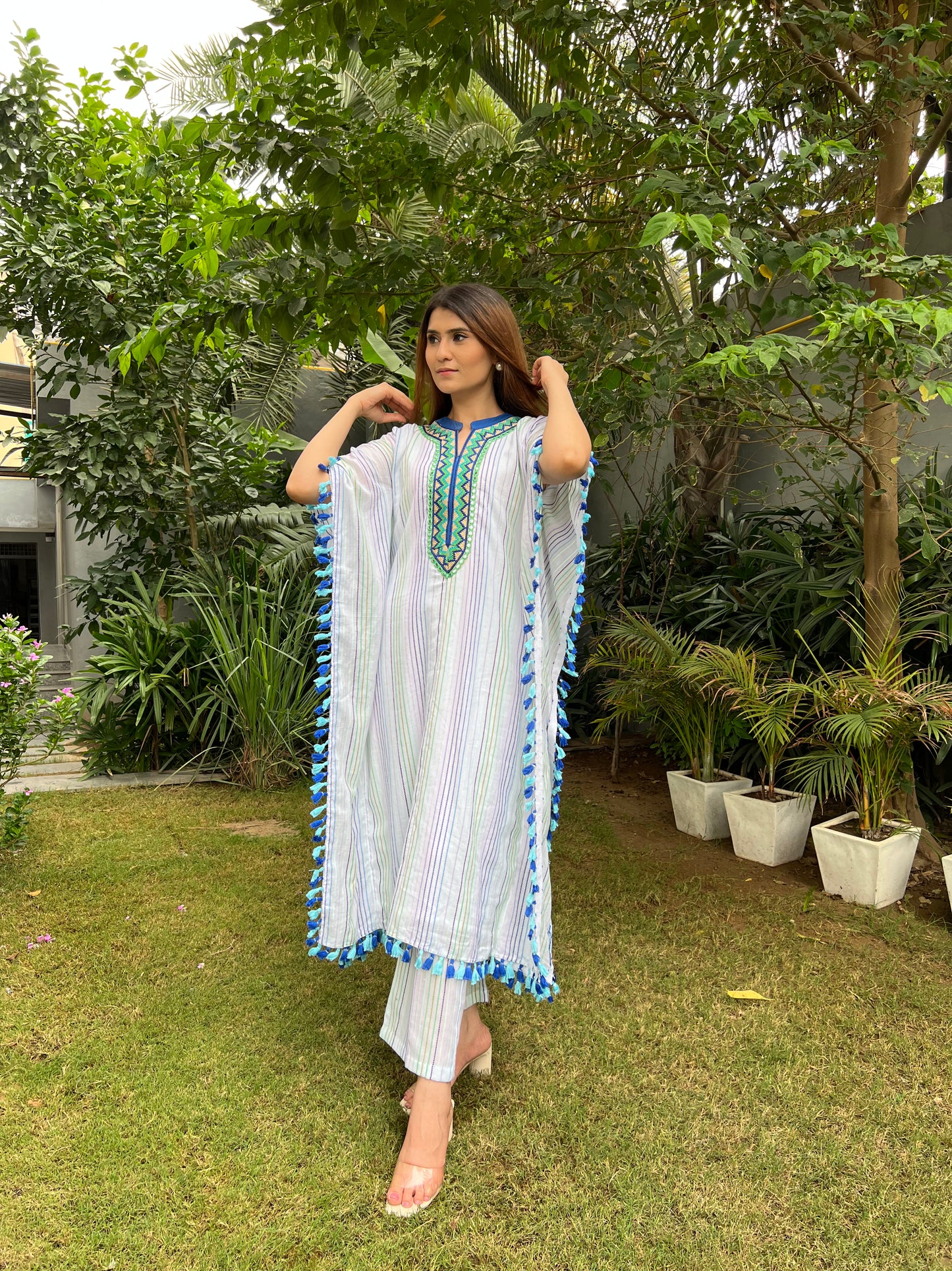 Saba Textured Cotton Blend Long Kaftan with Tassel Detailing and Straight fit Pants - Set of 2
