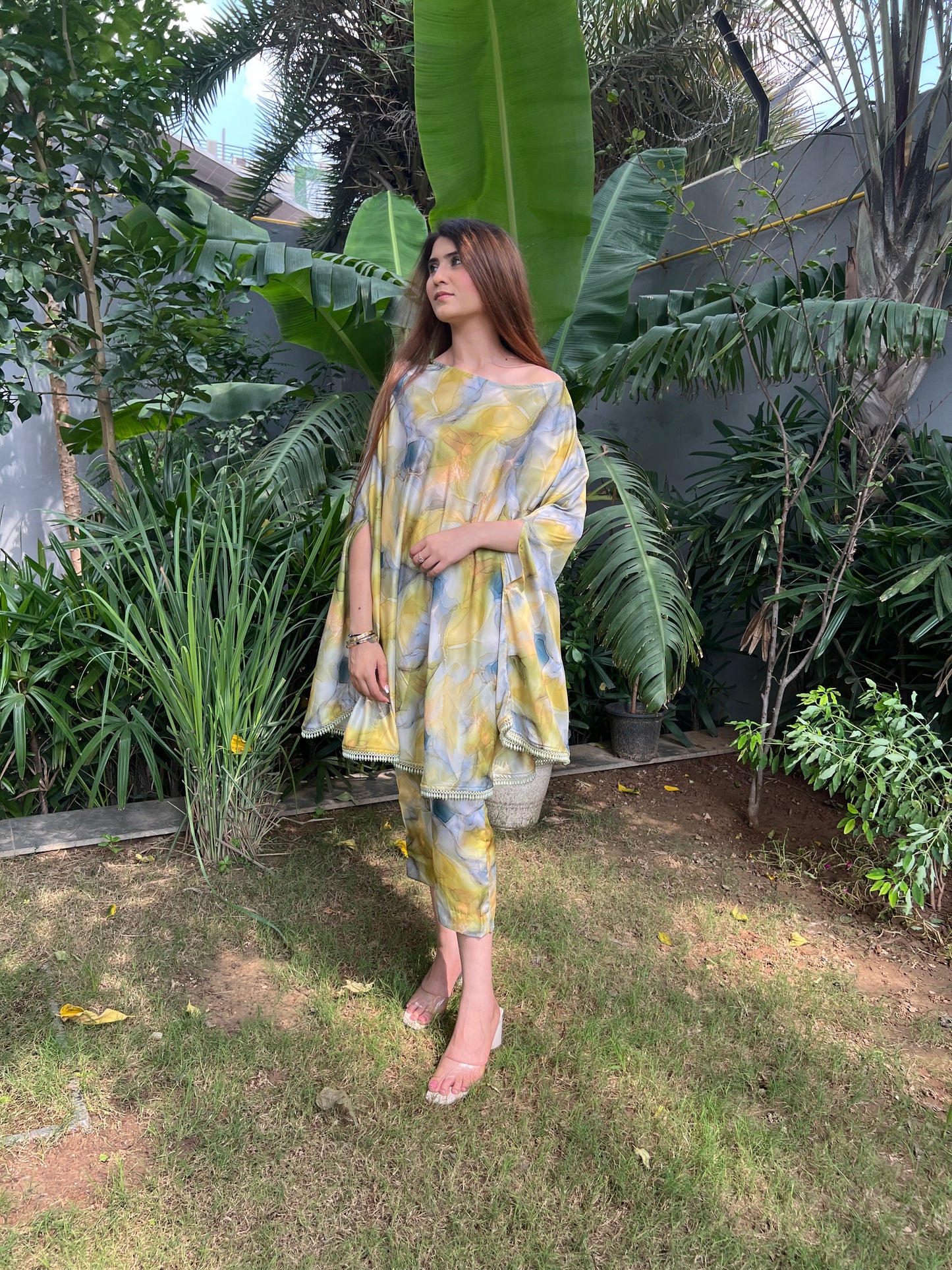 Zia Marble Print 2-way Cape-style Kurta with Pencil Fit Pants - Set of 2
