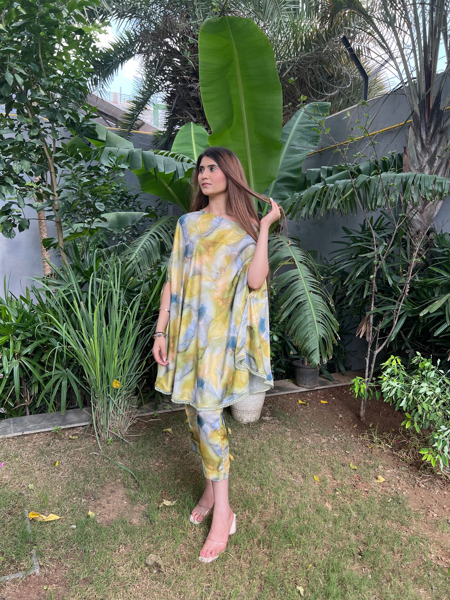 Zia Marble Print 2-way Cape-style Kurta with Pencil Fit Pants - Set of 2