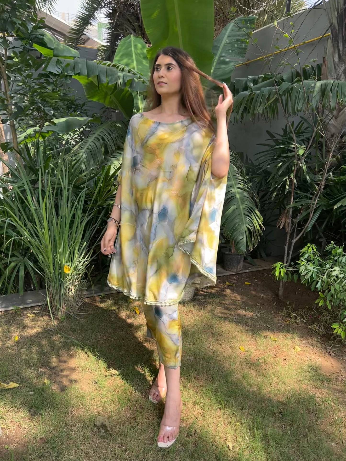 Zia Marble Print 2-way Cape-style Kurta with Pencil Fit Pants - Set of 2