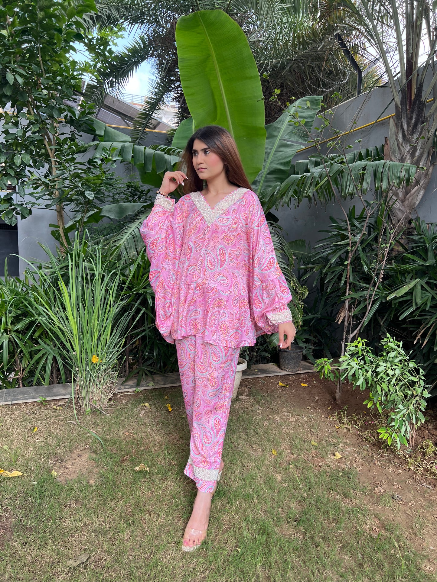Bahaar Pink Paisley Print Poncho style top with Embroidered pearl neckline and straight fit pants - Set of 2