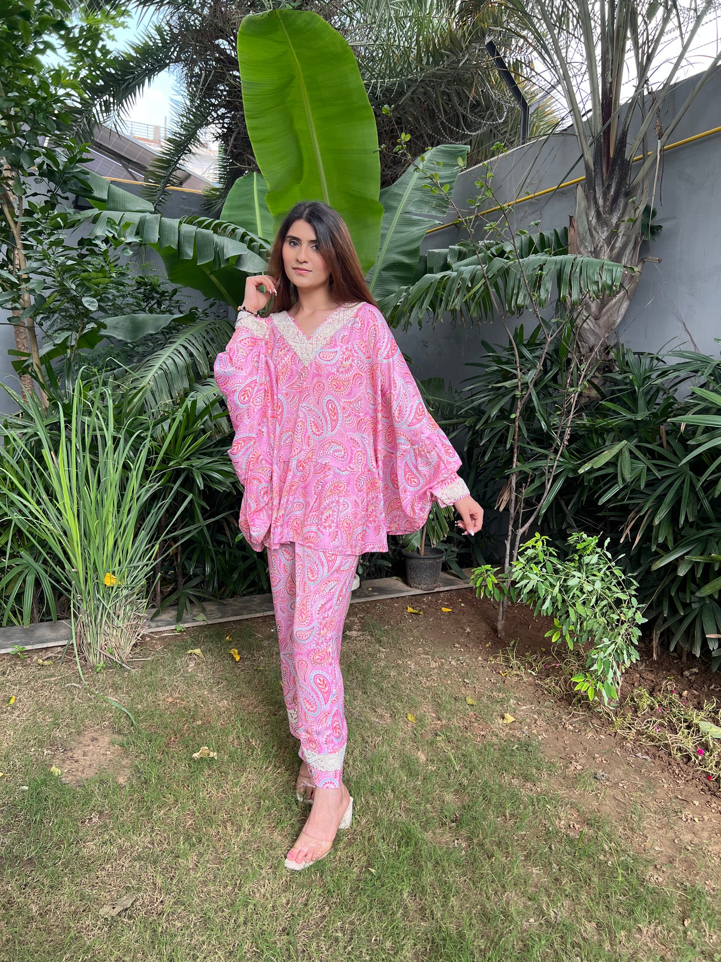 Bahaar Pink Paisley Print Poncho style top with Embroidered pearl neckline and straight fit pants - Set of 2