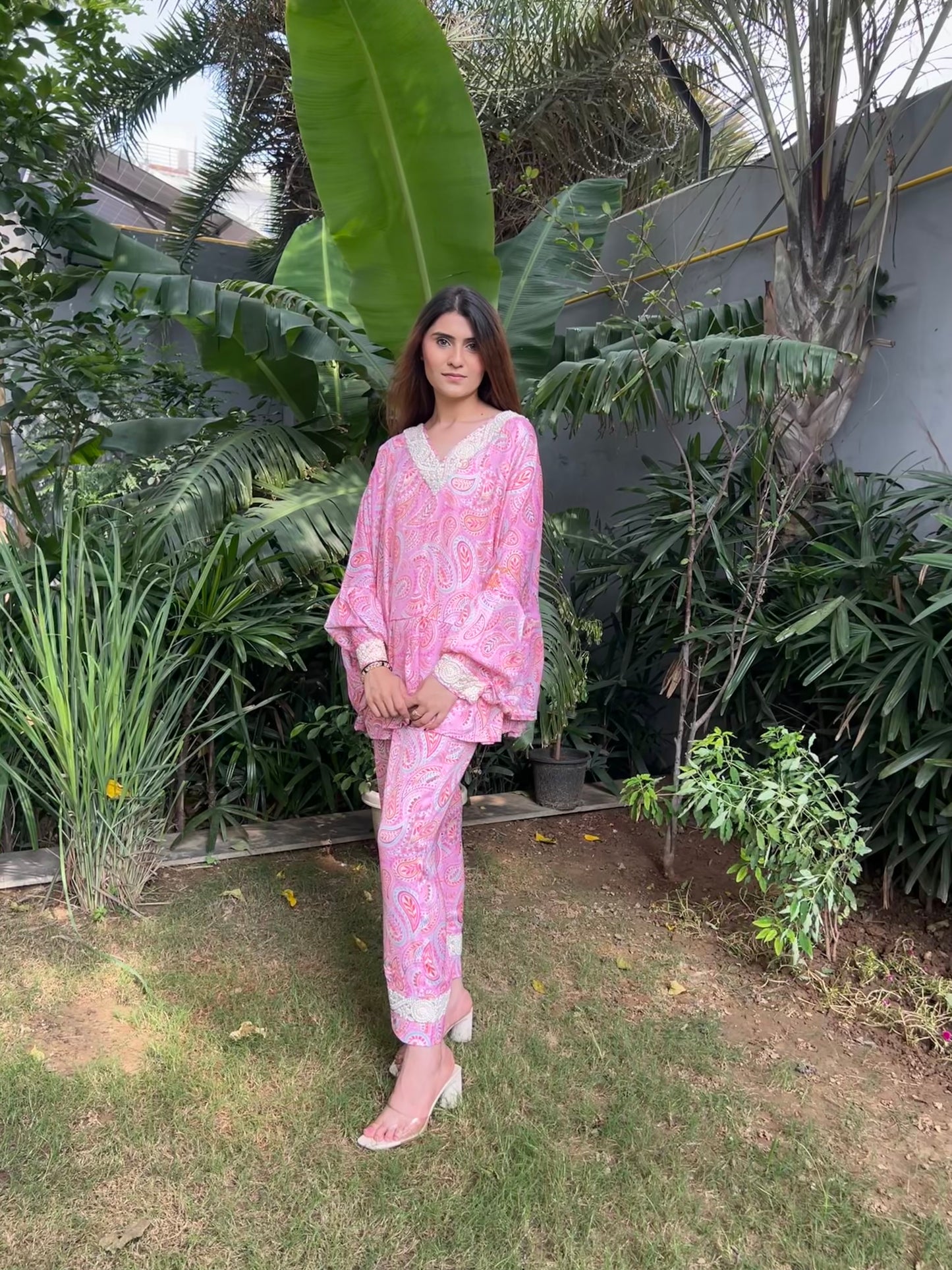 Bahaar Pink Paisley Print Poncho style top with Embroidered pearl neckline and straight fit pants - Set of 2