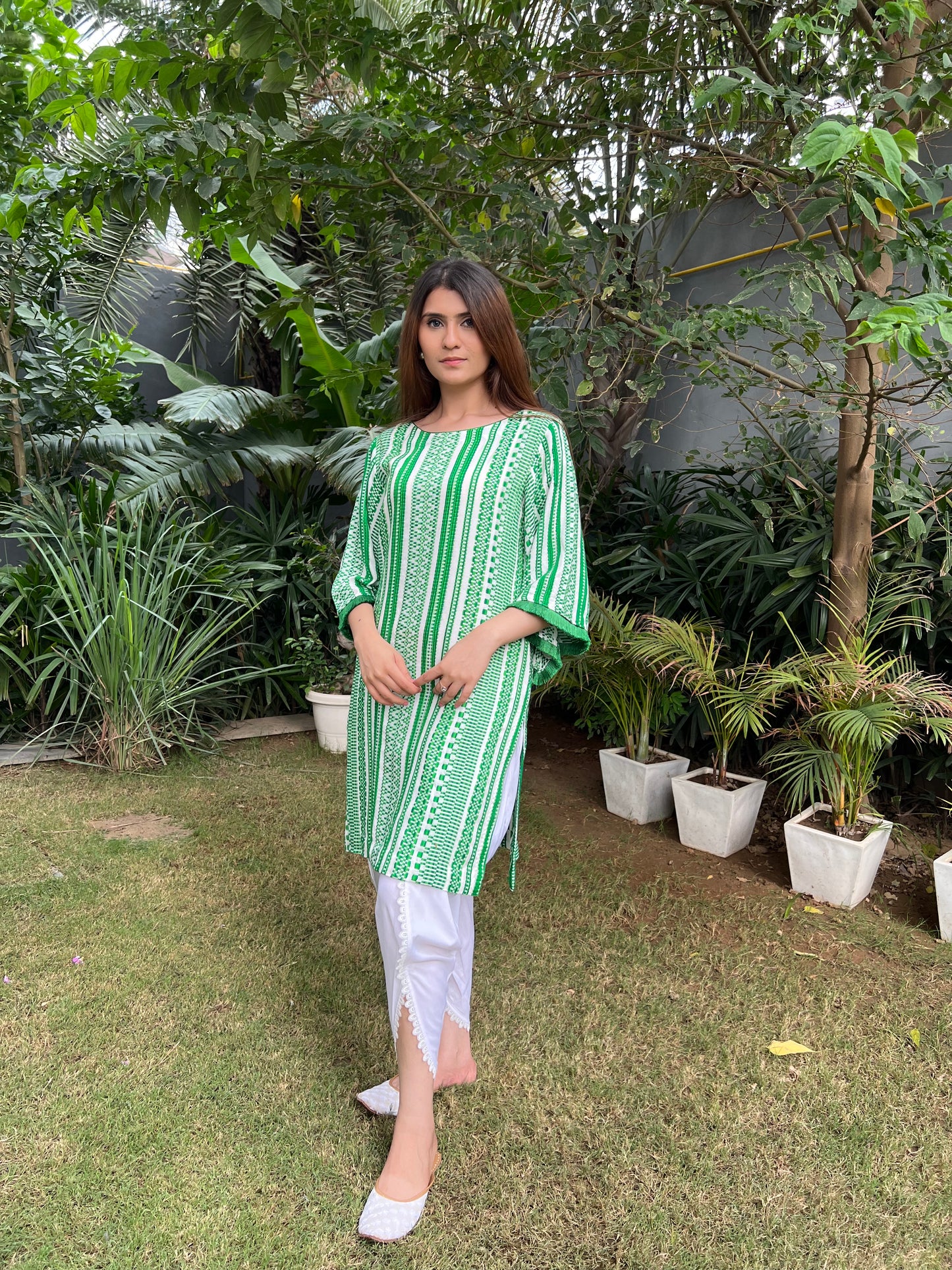 Ruhaani Cotton Jacquard Straight Kurta with Slit and Rayon Tulip Pants - Set of 2
