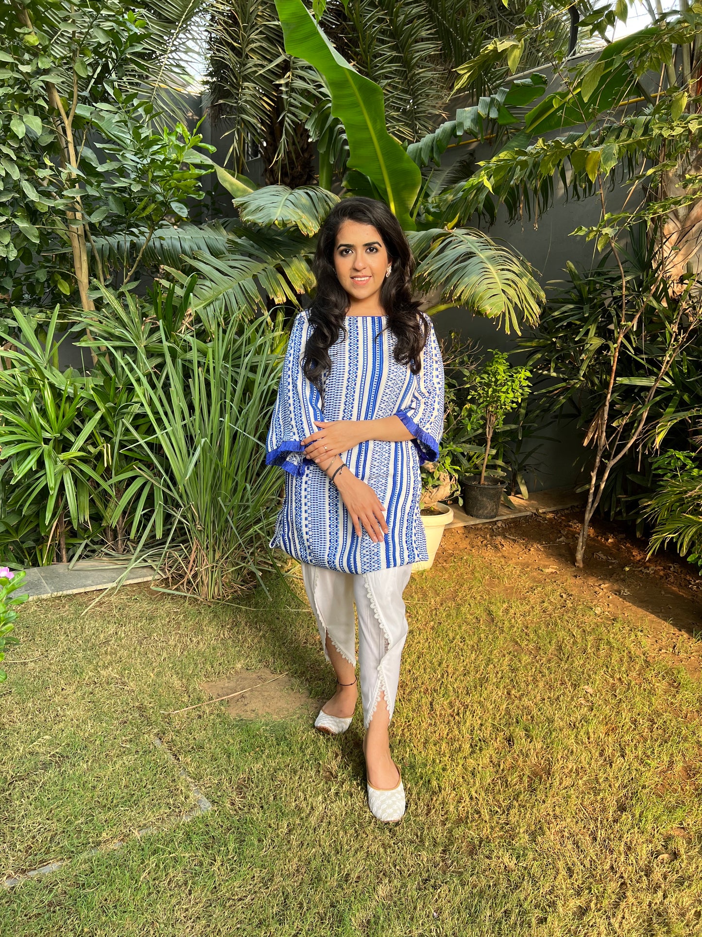 Ruhaani Cotton Jacquard Straight Kurta with Slit and Rayon Tulip Pants - Set of 2