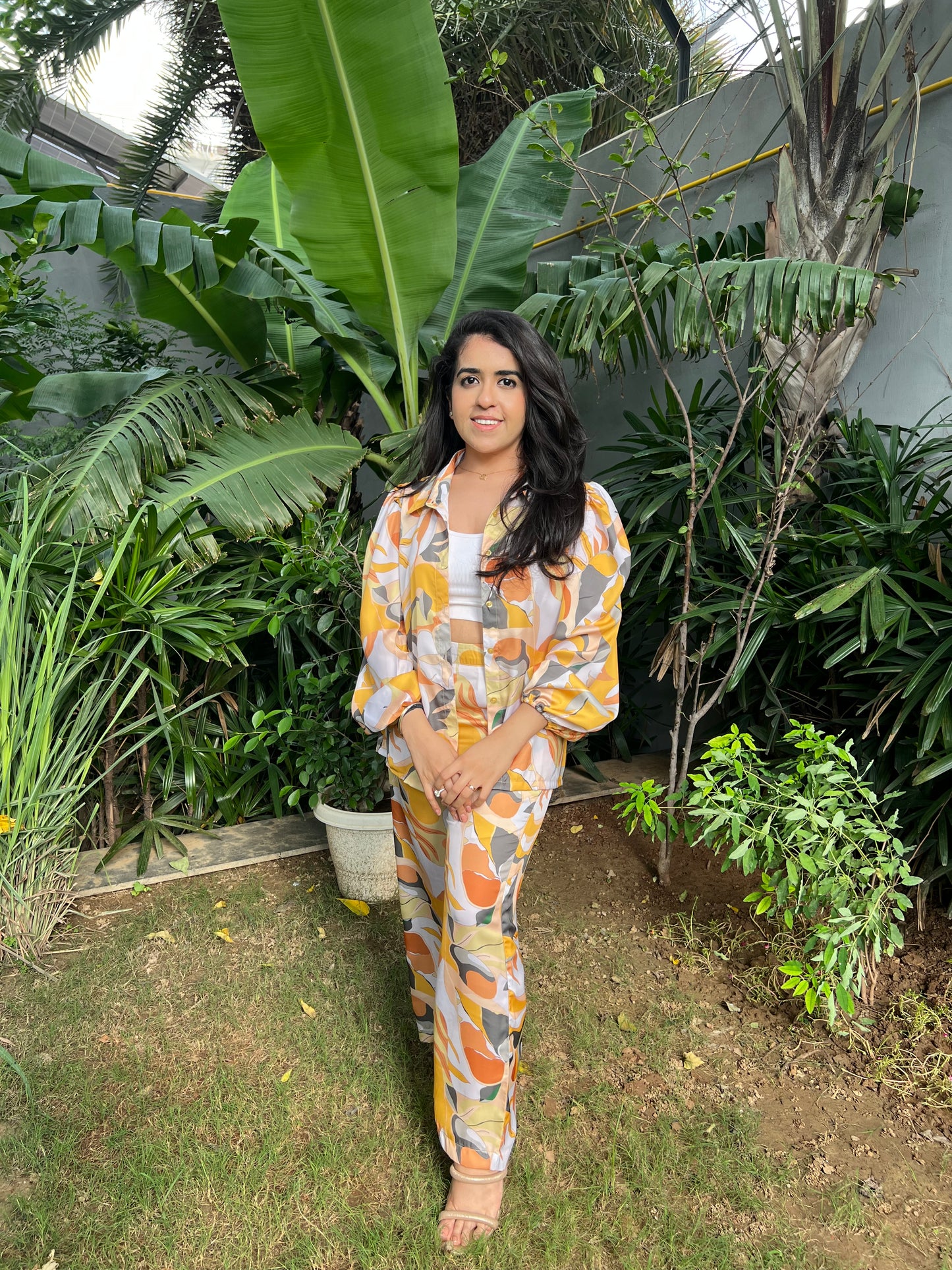 Spritz Relaxed Fit Shirt with Balloon Sleeves and straight fit pants in Printed Viscose Crepe - Set of 2