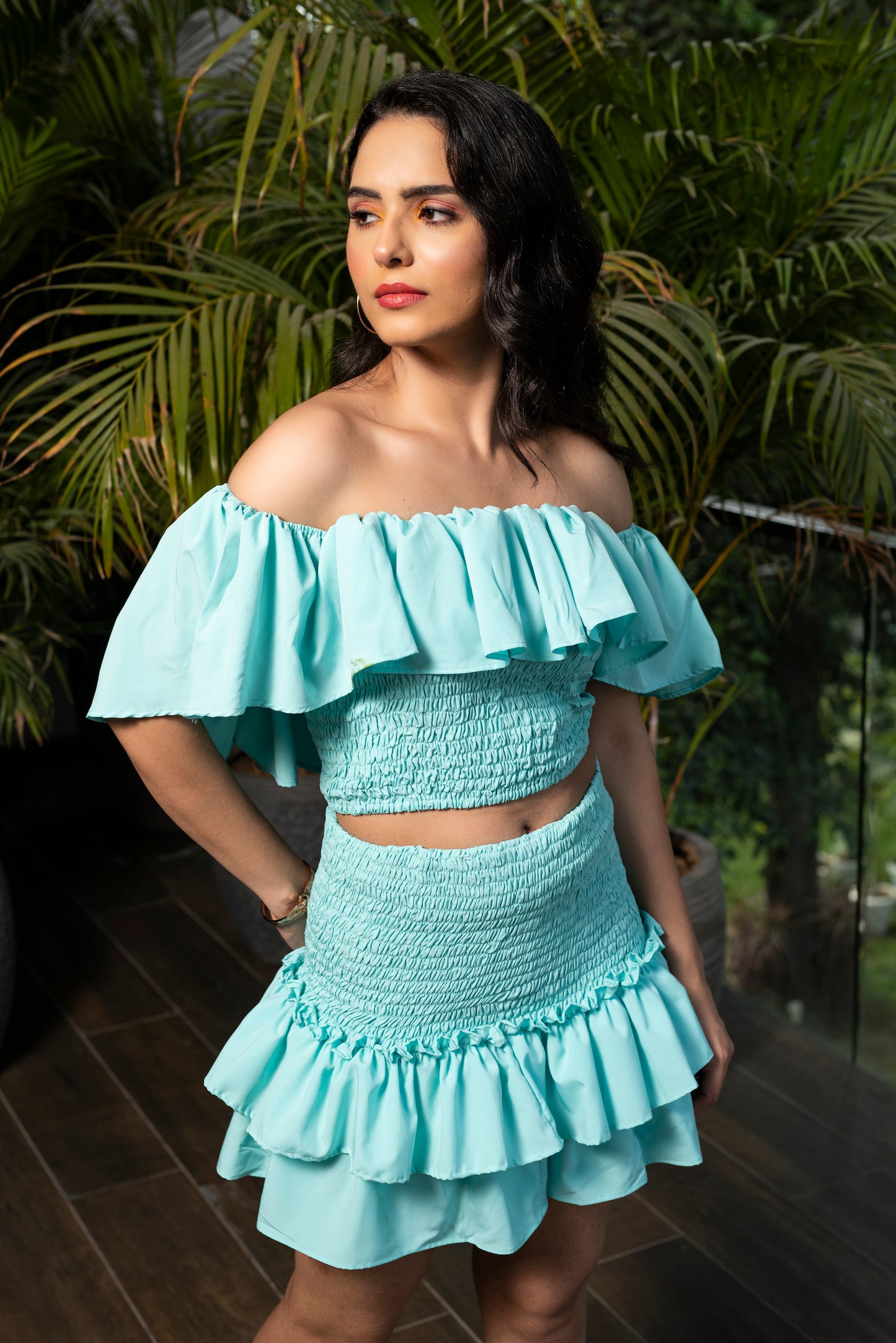 Triumph smocked off-shoulder top and smocked skirt with Ruffles - Set of 2
