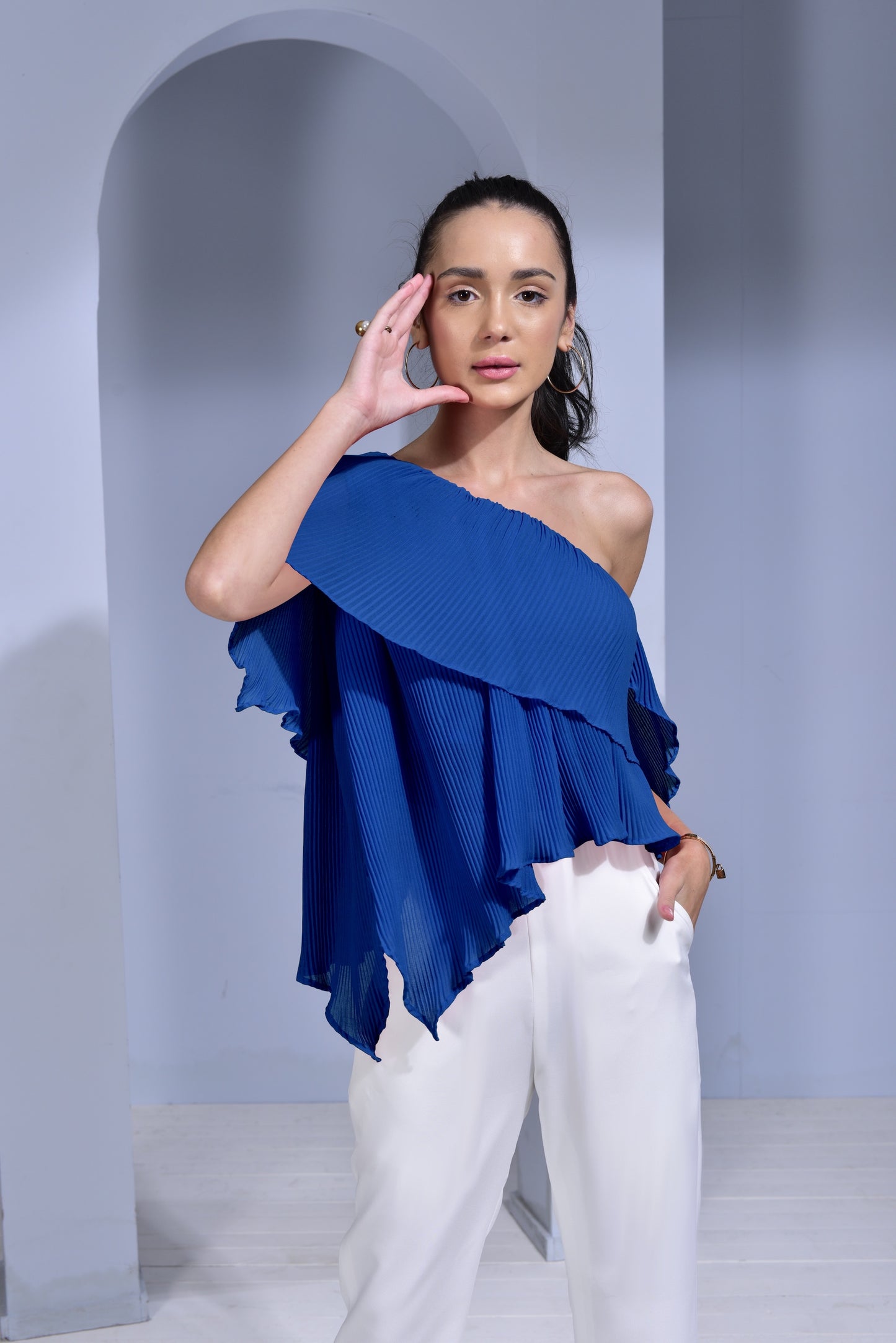 Rosé Pleated Georgette Asymmetric Top