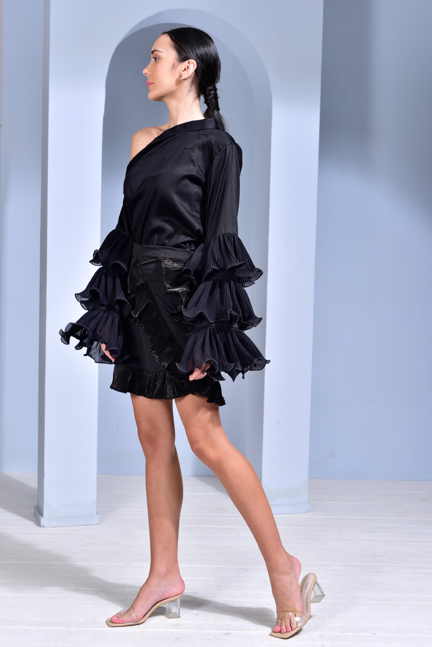 Hot Toddy Asymmetric Collar Top with Pleated Layered Ruffle Sleeves and Lycra Satin Pleated Skirt - Set of 2