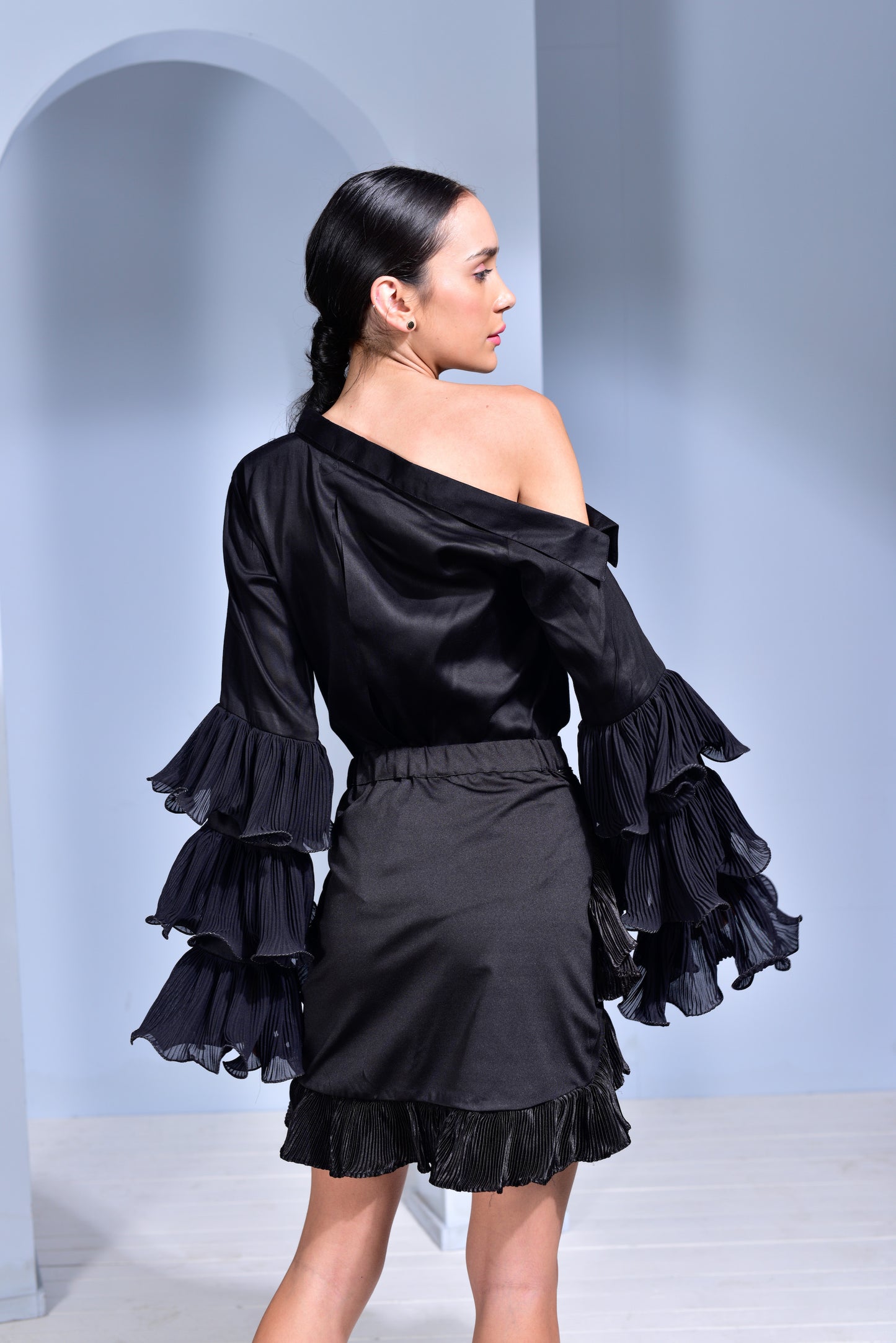 Hot Toddy Asymmetric Collar Top with Pleated Layered Ruffle Sleeves and Lycra Satin Pleated Skirt - Set of 2