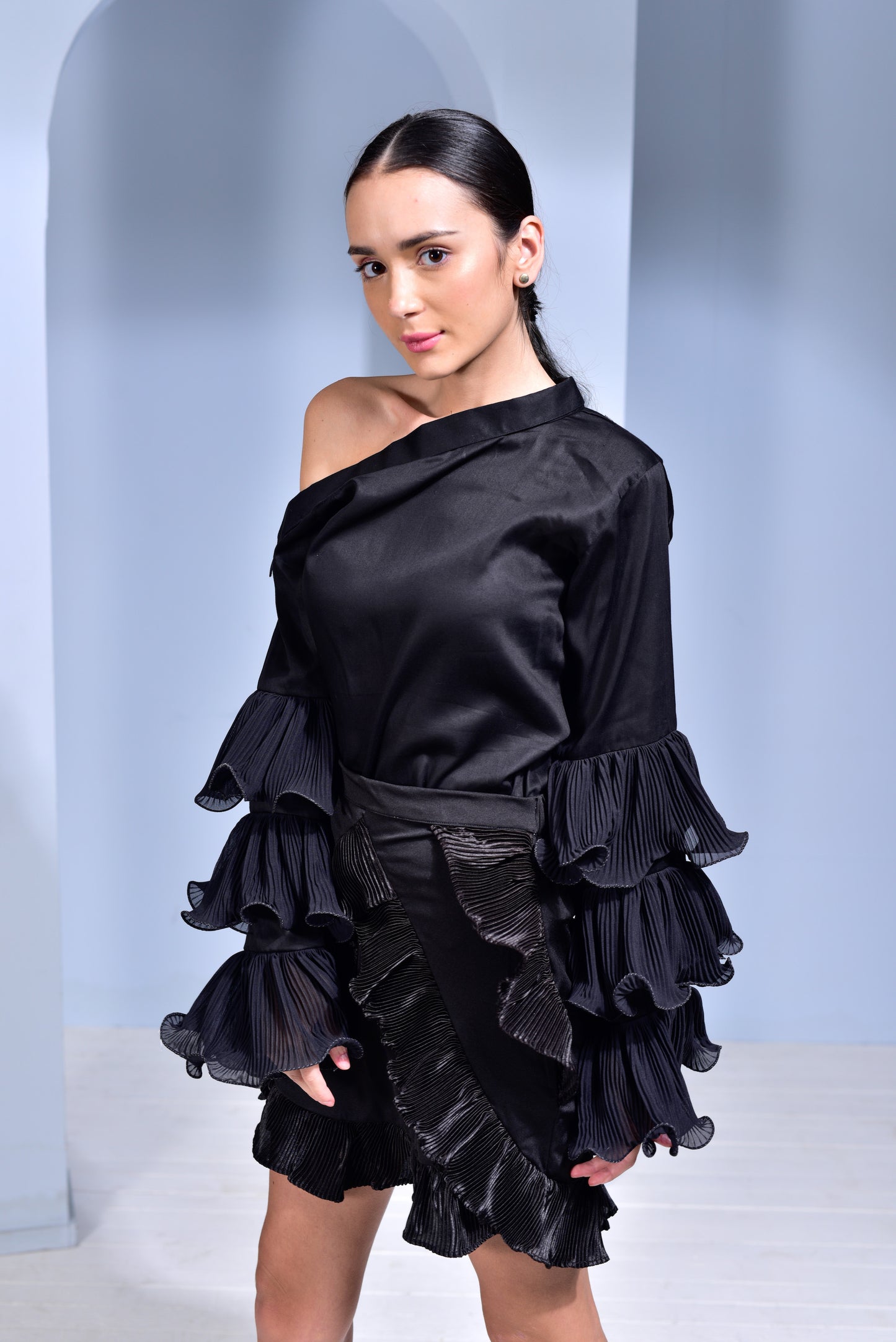 Hot Toddy Asymmetric Collar Top with Pleated Layered Ruffle Sleeves and Lycra Satin Pleated Skirt - Set of 2