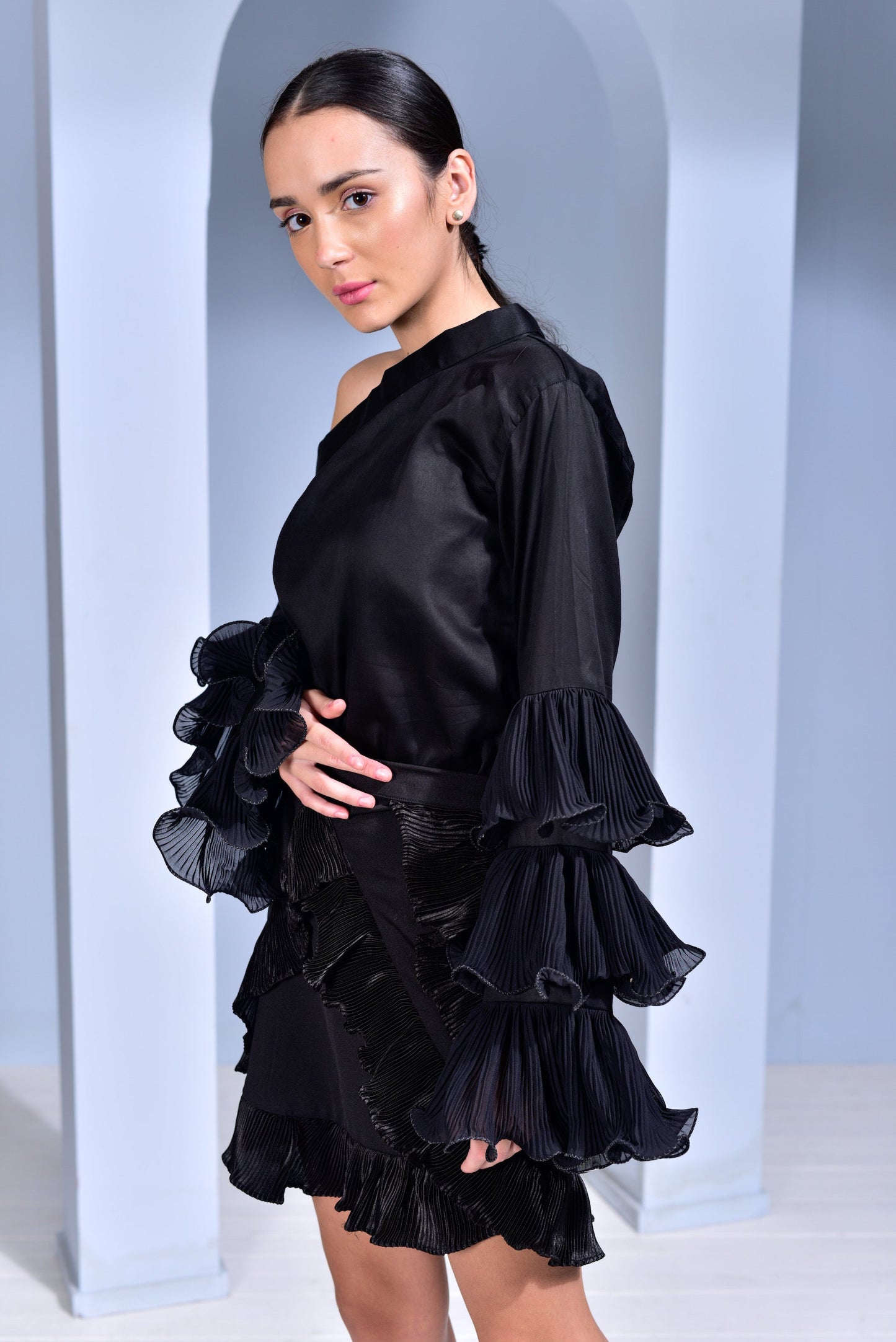 Hot Toddy Asymmetric Collar Top with Pleated Layered Ruffle Sleeves - Peach