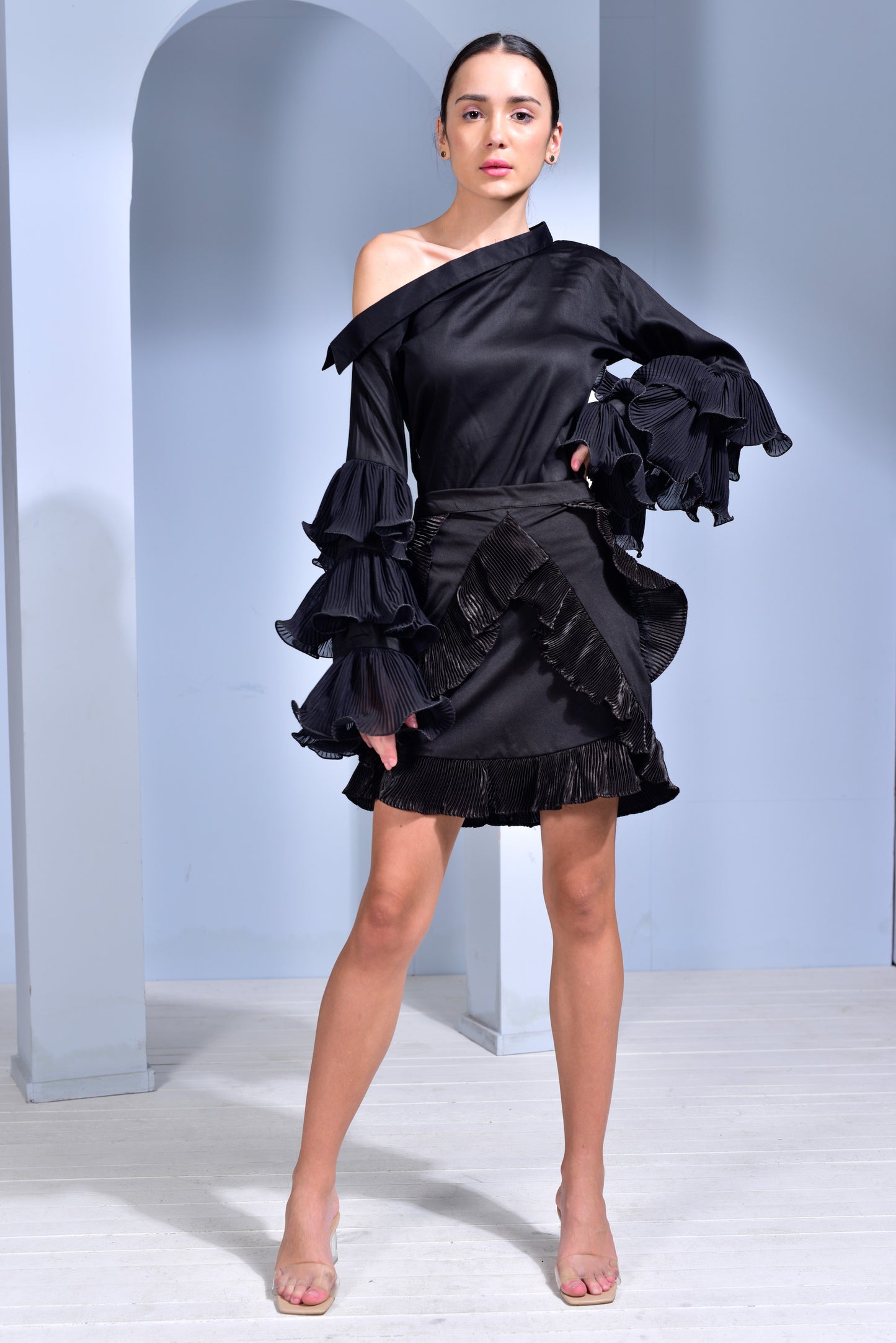 Hot Toddy Asymmetric Collar Top with Pleated Layered Ruffle Sleeves and Lycra Satin Pleated Skirt - Set of 2