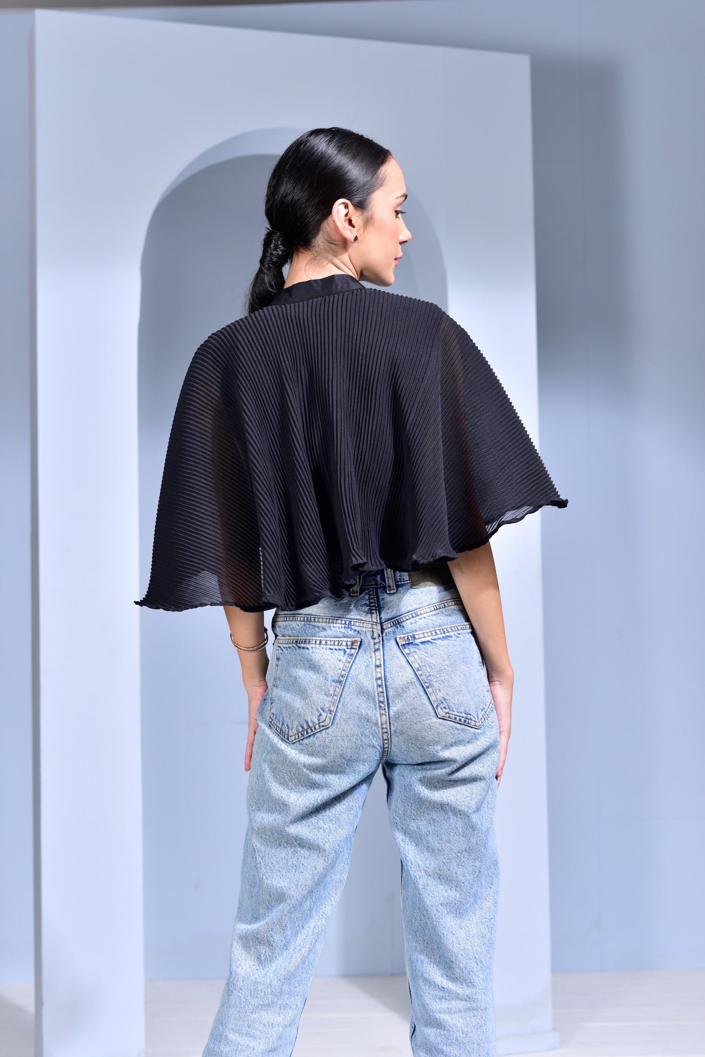 Manhattan Pleated Georgette Cape Shirt - Black