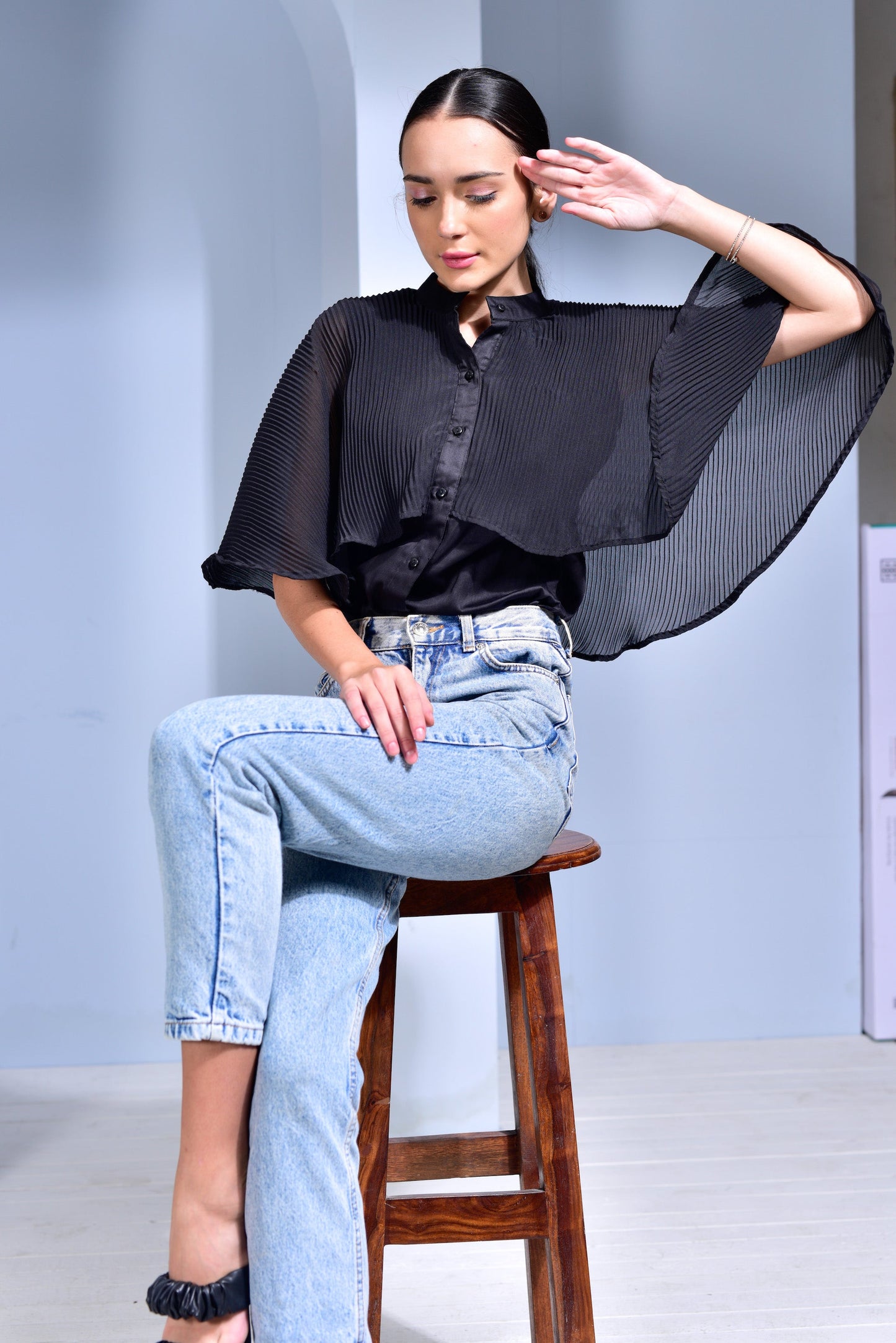 Manhattan Pleated Georgette Cape Shirt - Black