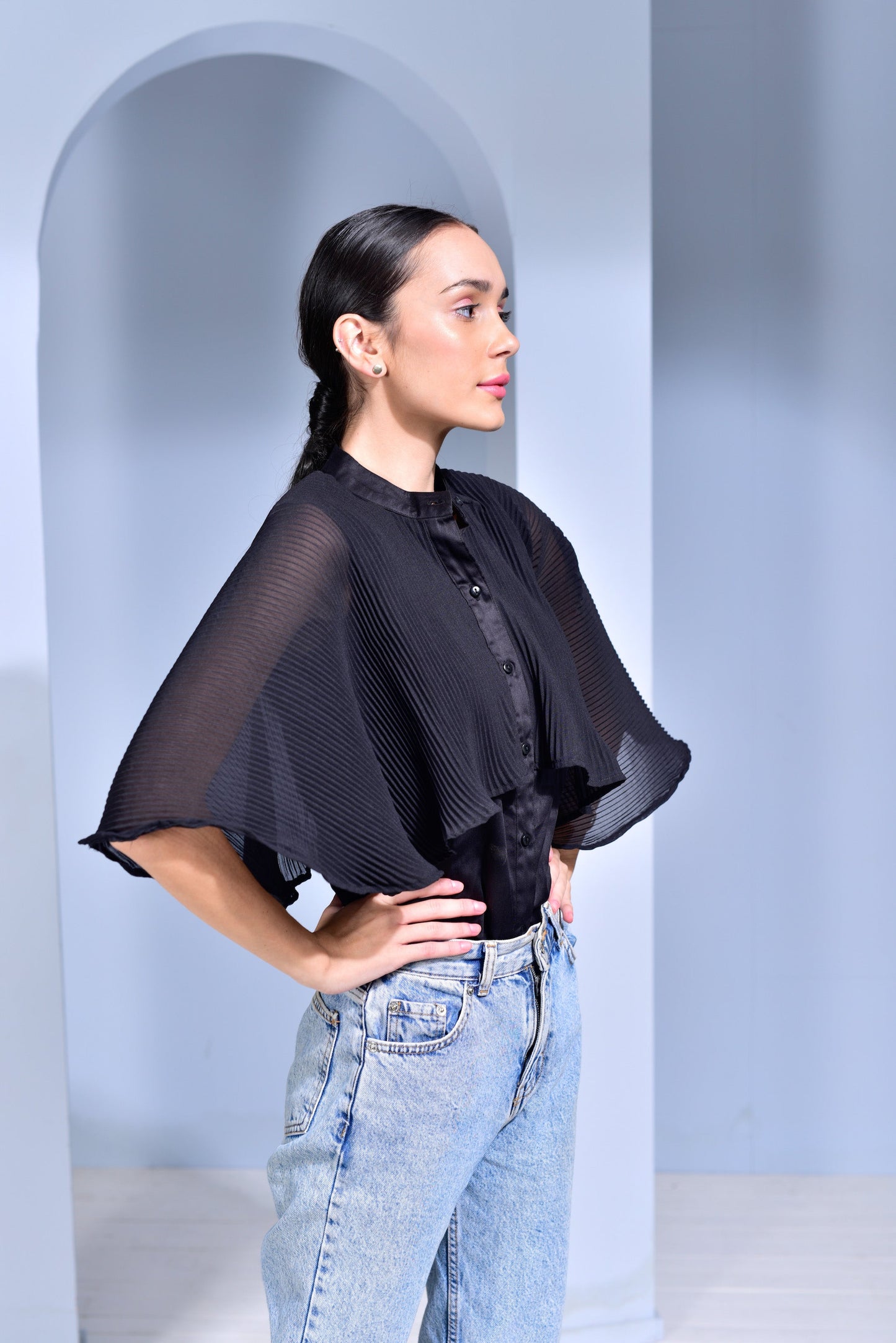 Manhattan Pleated Georgette Cape Shirt - Black