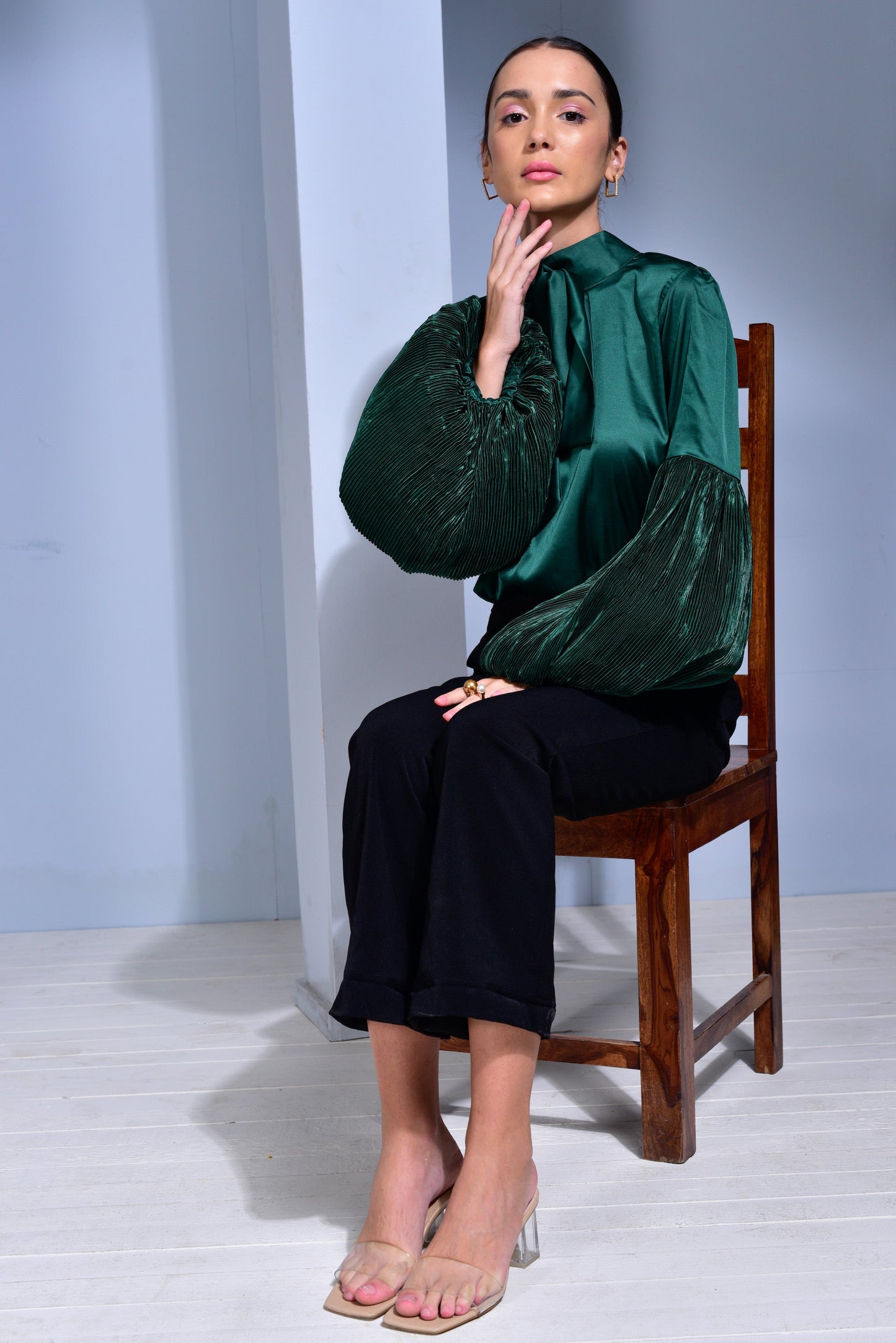 Prosecco Satin top with Voluminous Pleated Sleeves