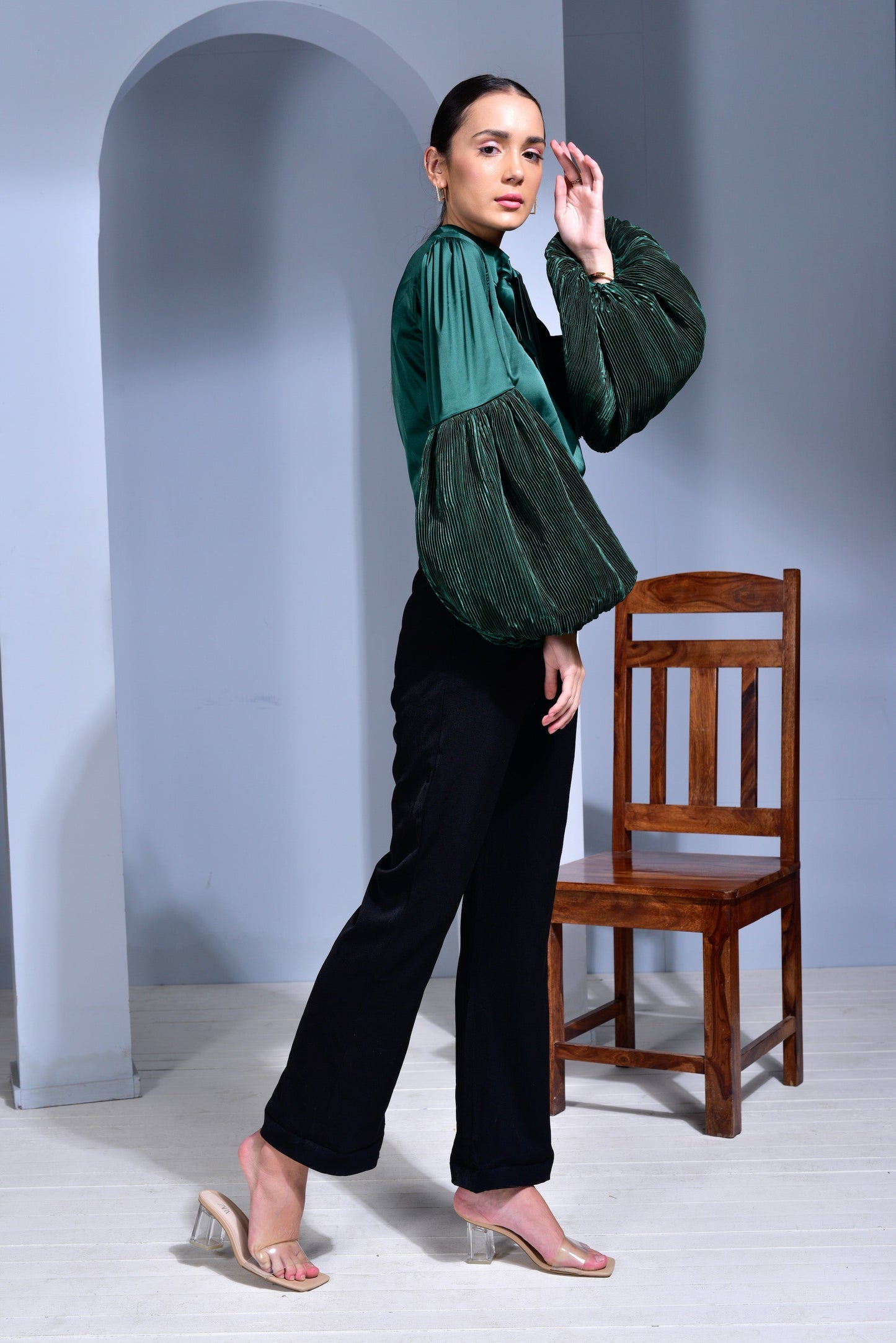 Prosecco Satin top with Voluminous Pleated Sleeves
