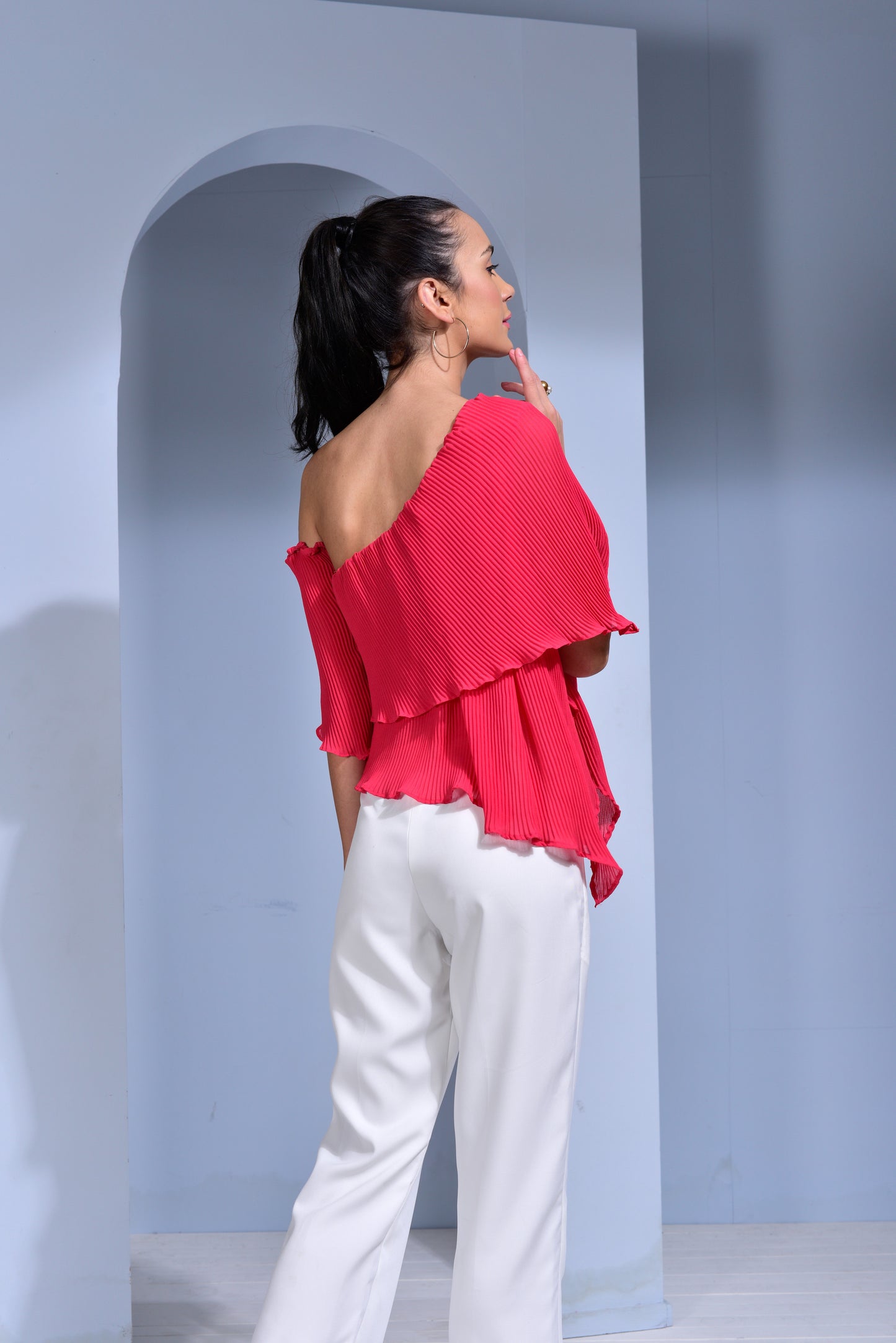 Rosé Pleated Georgette Asymmetric Top