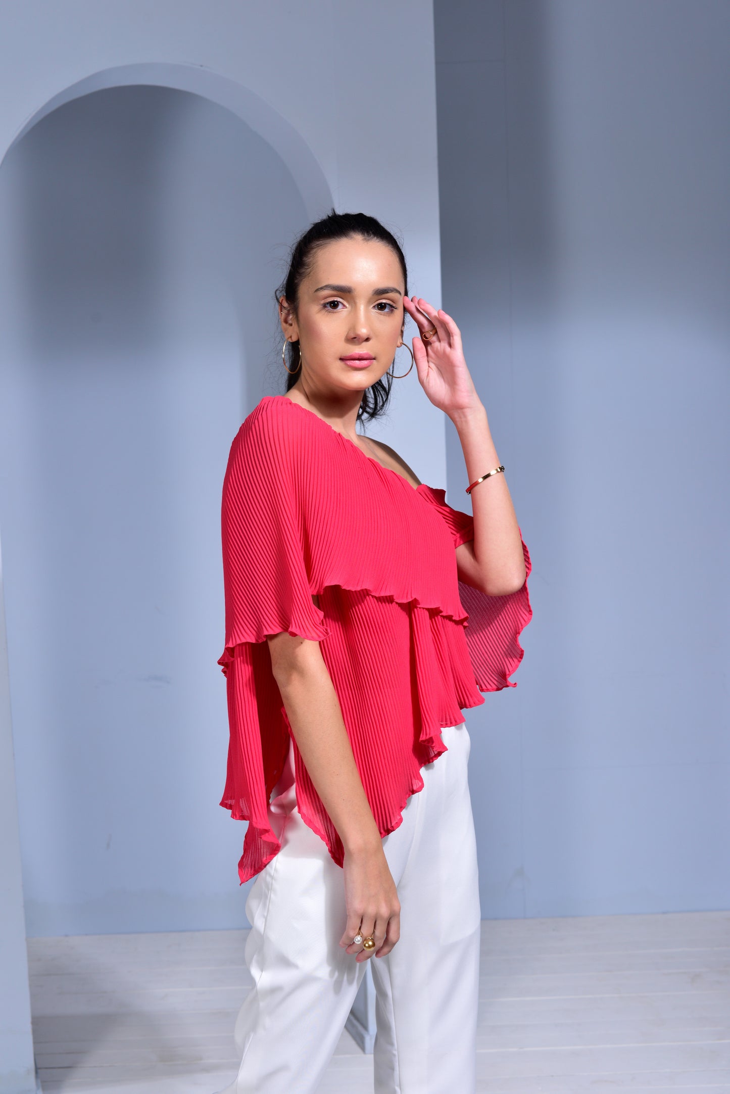 Rosé Pleated Georgette Asymmetric Top