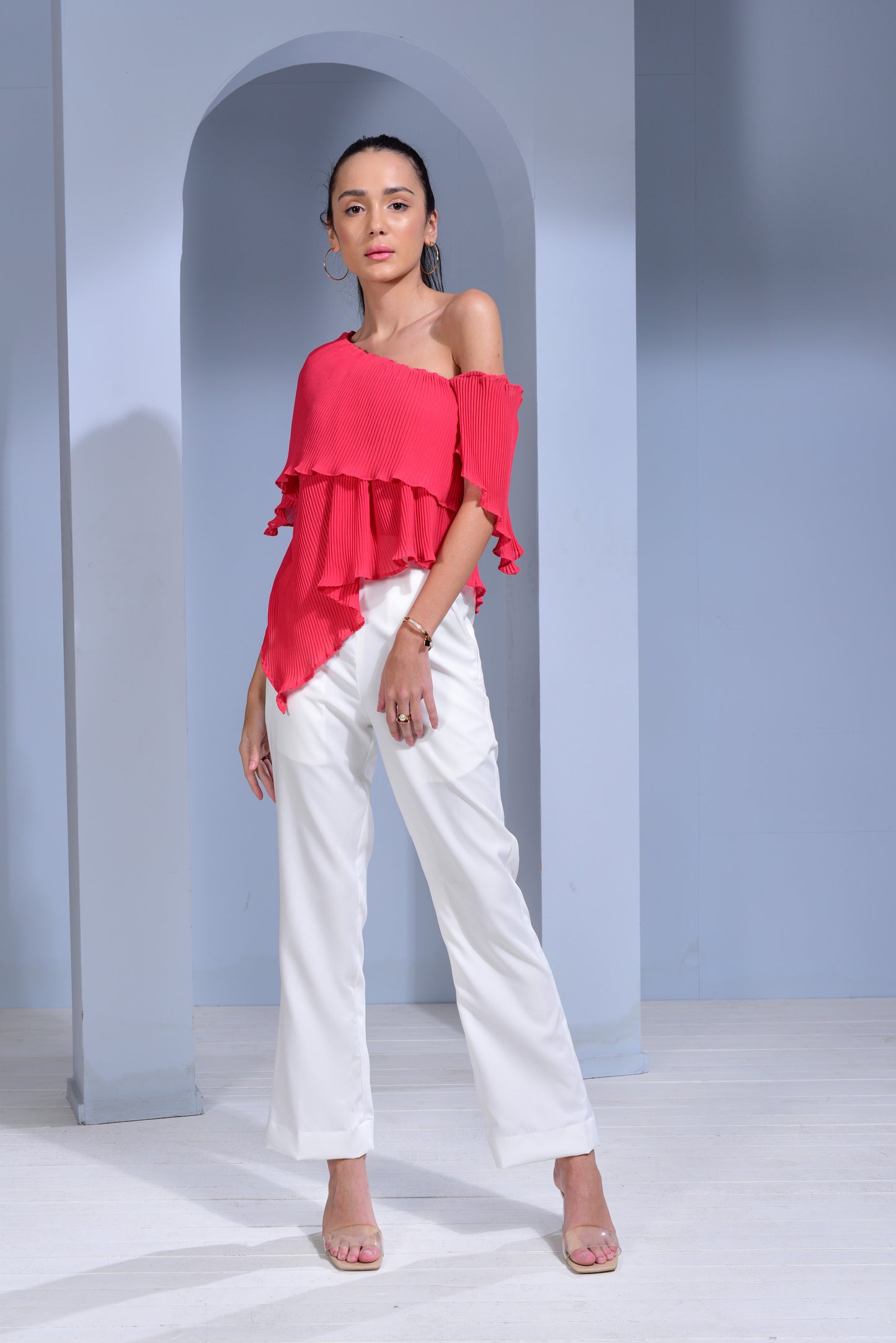 Rosé Pleated Georgette Asymmetric Top