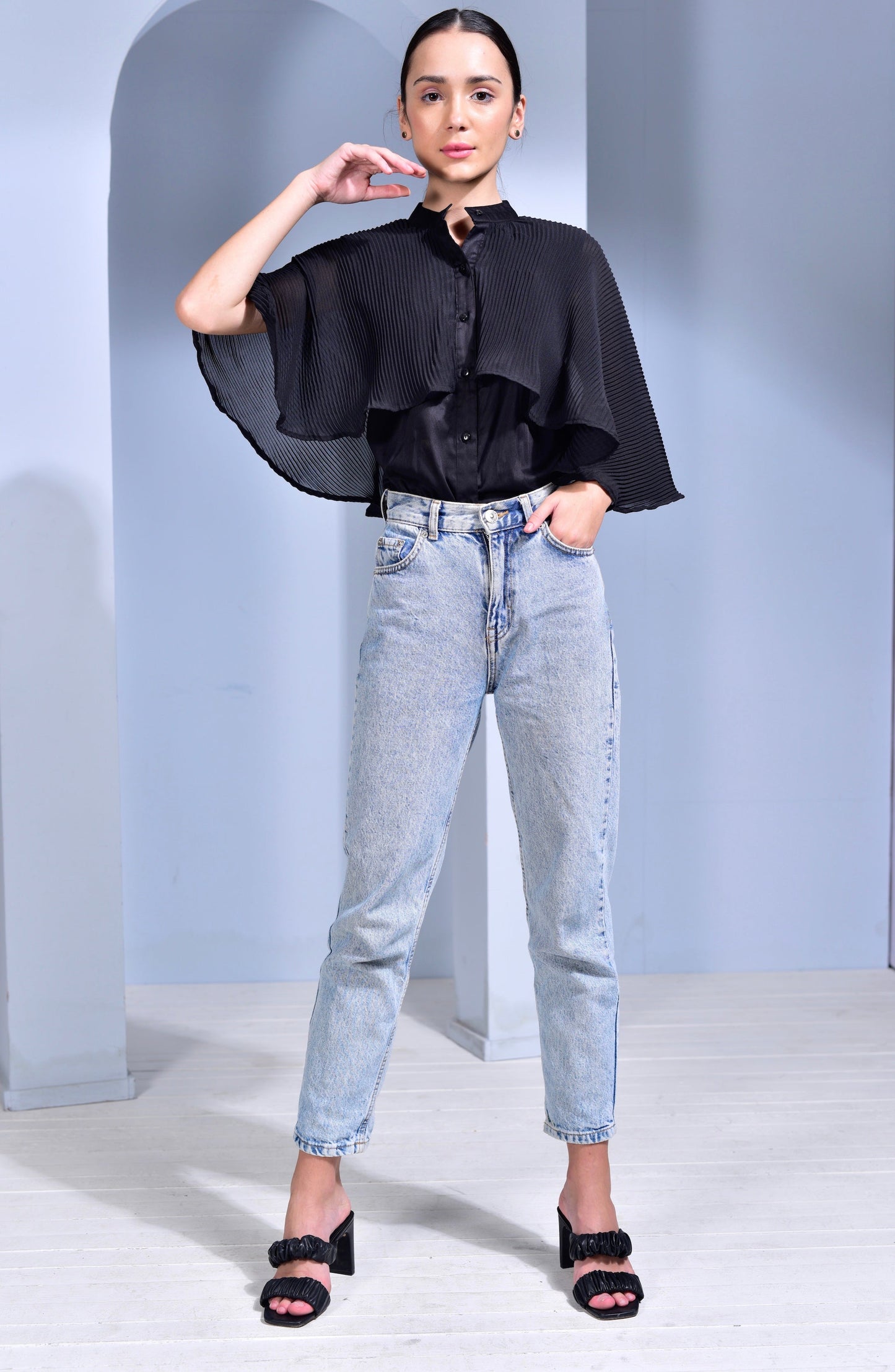 Manhattan Pleated Georgette Cape Shirt - Black
