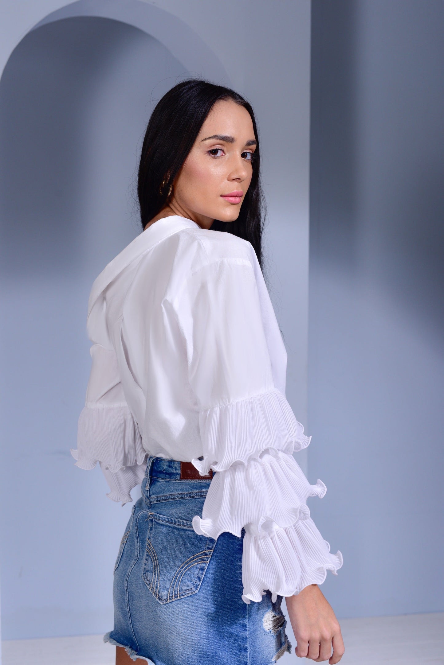 Hot Toddy Asymmetric Collar Top with Pleated Layered Ruffle Sleeves - Peach