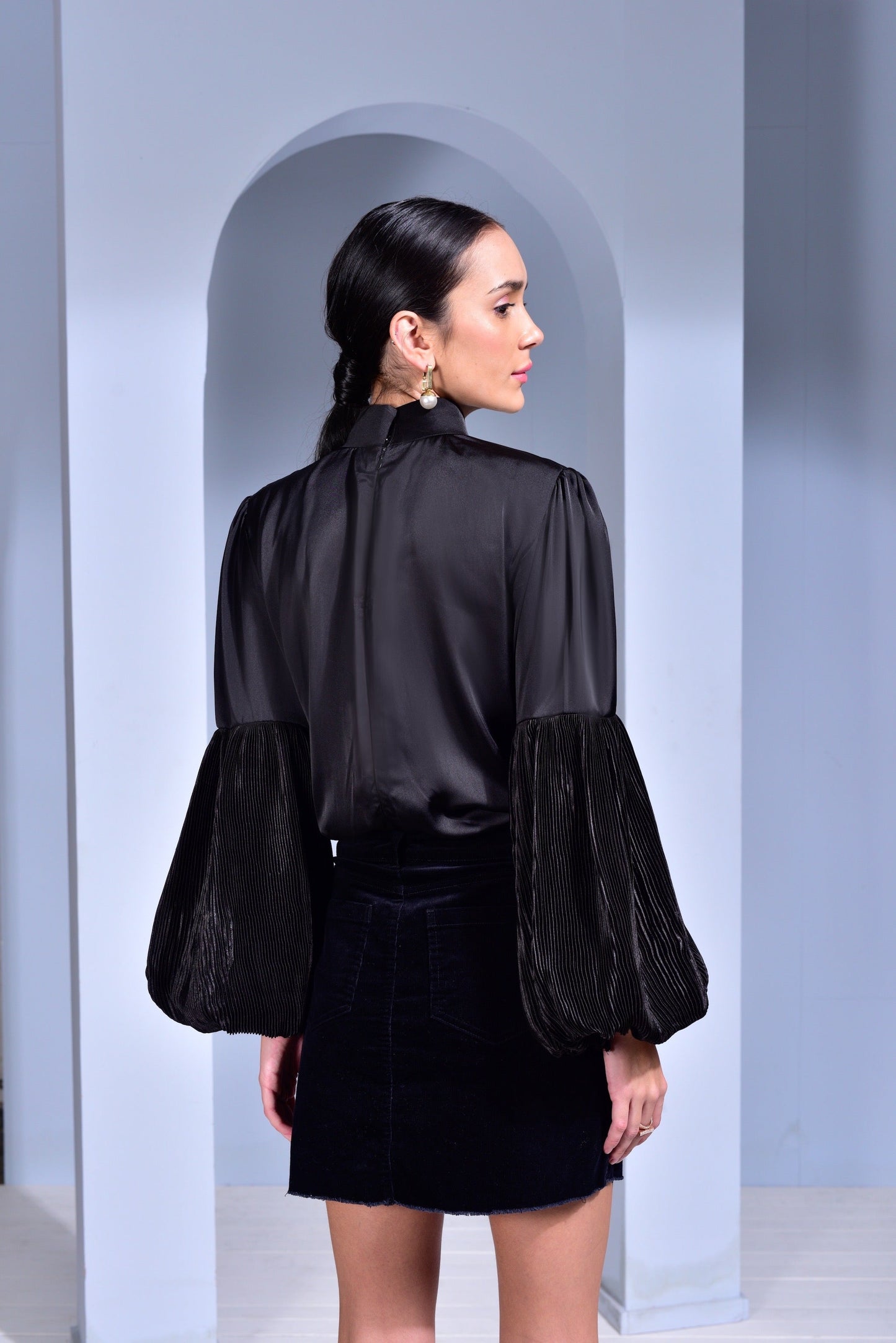 Prosecco Satin top with Voluminous Pleated Sleeves