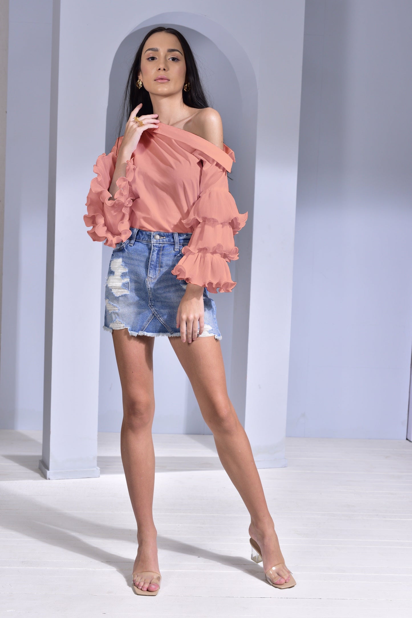 Hot Toddy Asymmetric Collar Top with Pleated Layered Ruffle Sleeves - Peach