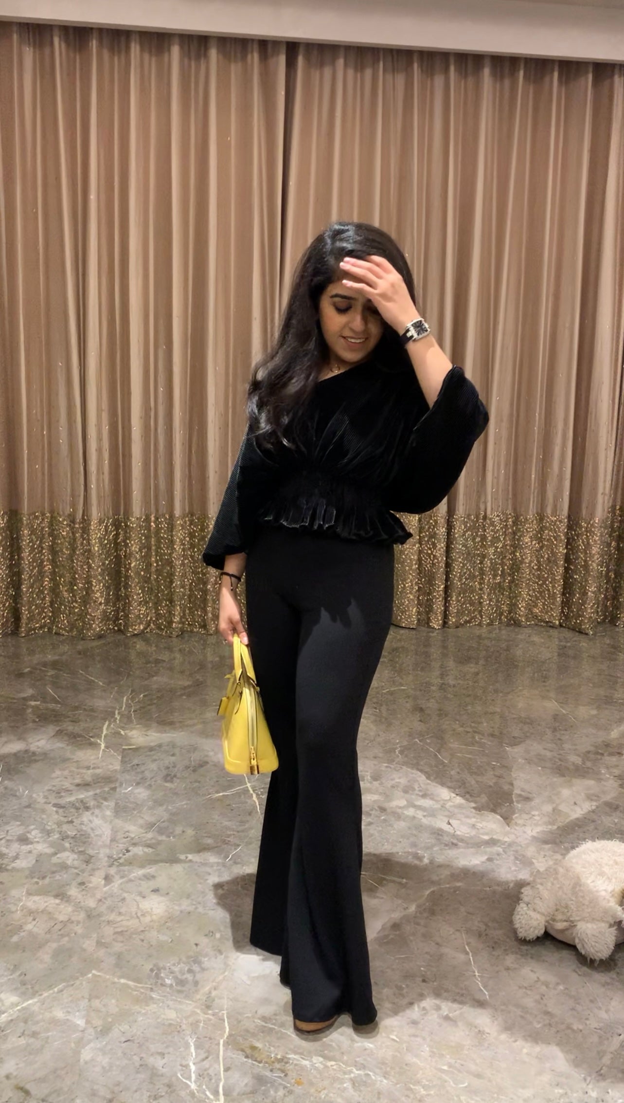 Bellini Pleated Satin smocked waist Top with Flared Pants