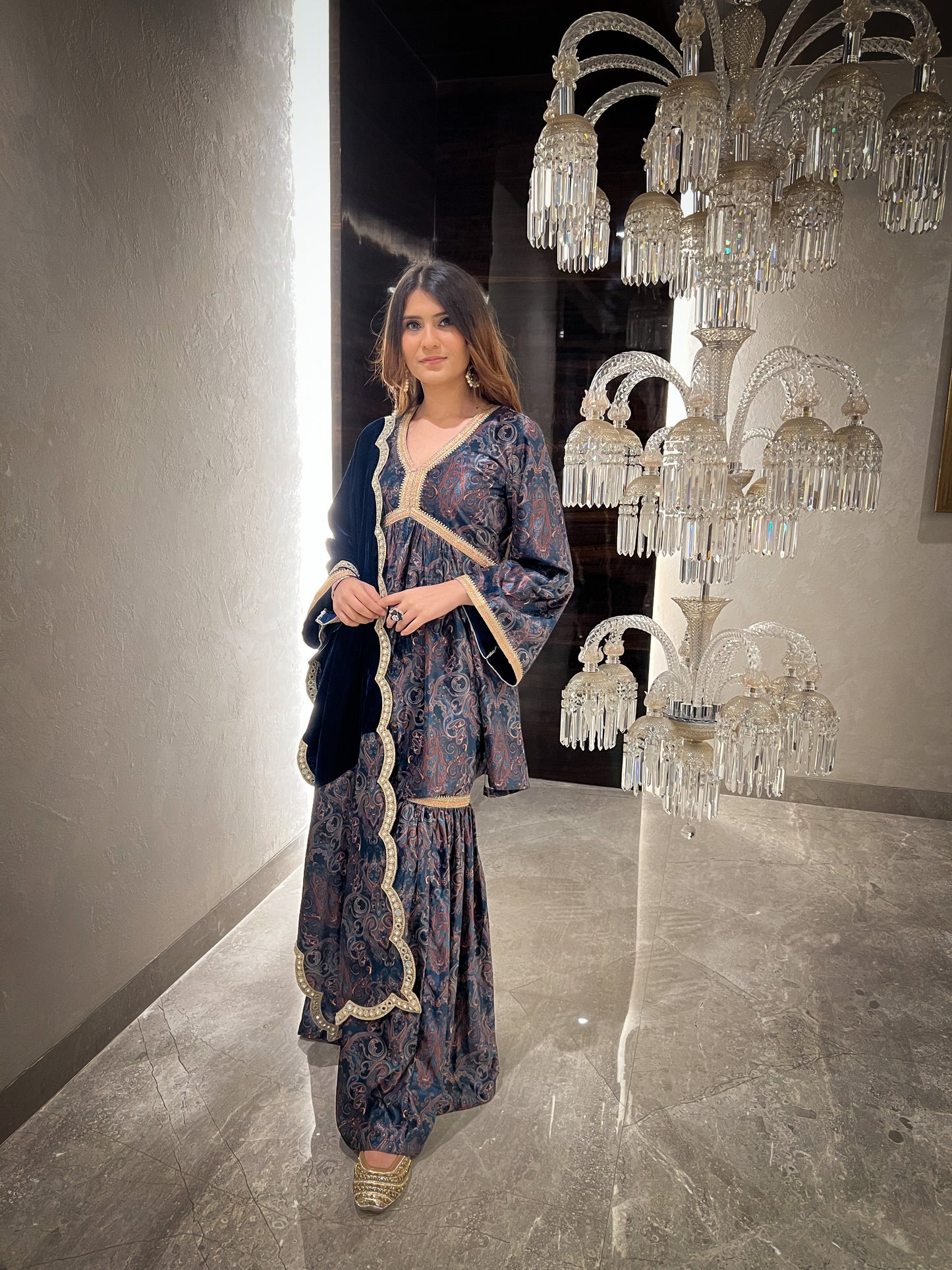Ghazal Printed Velvet Short Flared Kurta with Gharara and Organza Dupatta/Velvet Stole - Set of 3