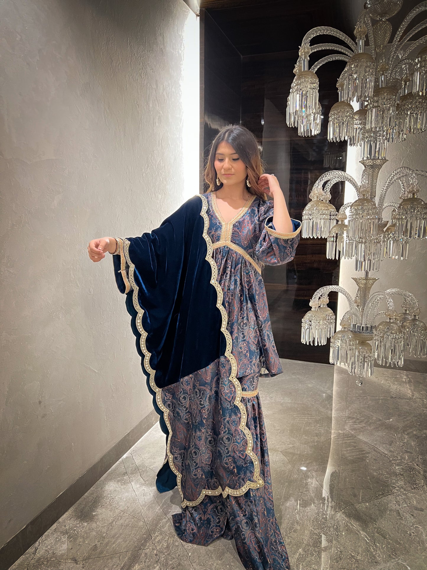 Ghazal Printed Velvet Short Flared Kurta with Gharara and Organza Dupatta/Velvet Stole - Set of 3