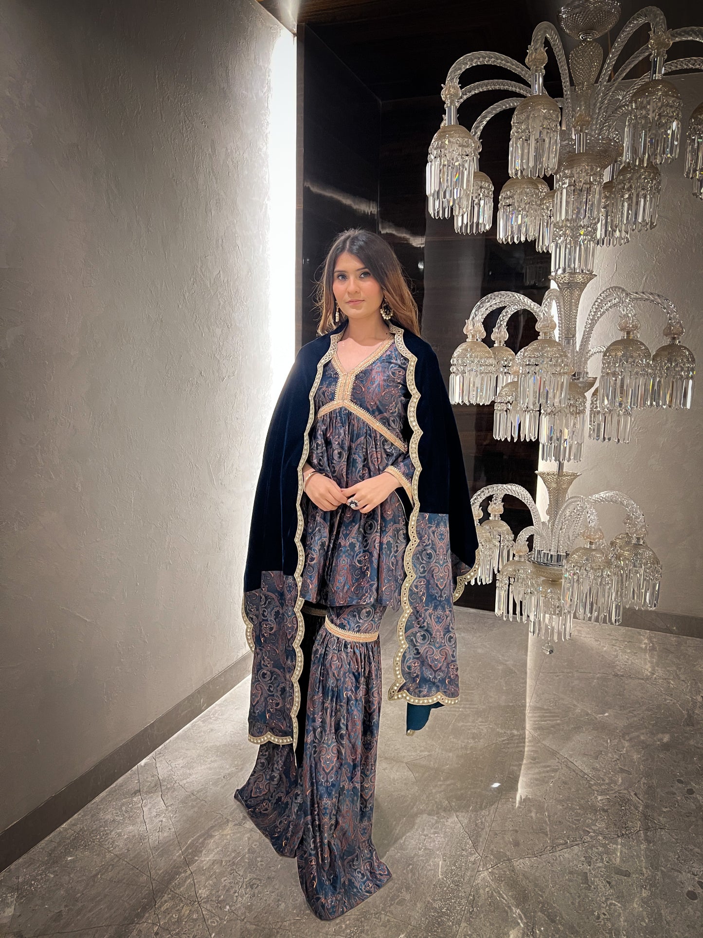 Ghazal Printed Velvet Short Flared Kurta with Gharara and Organza Dupatta/Velvet Stole - Set of 3