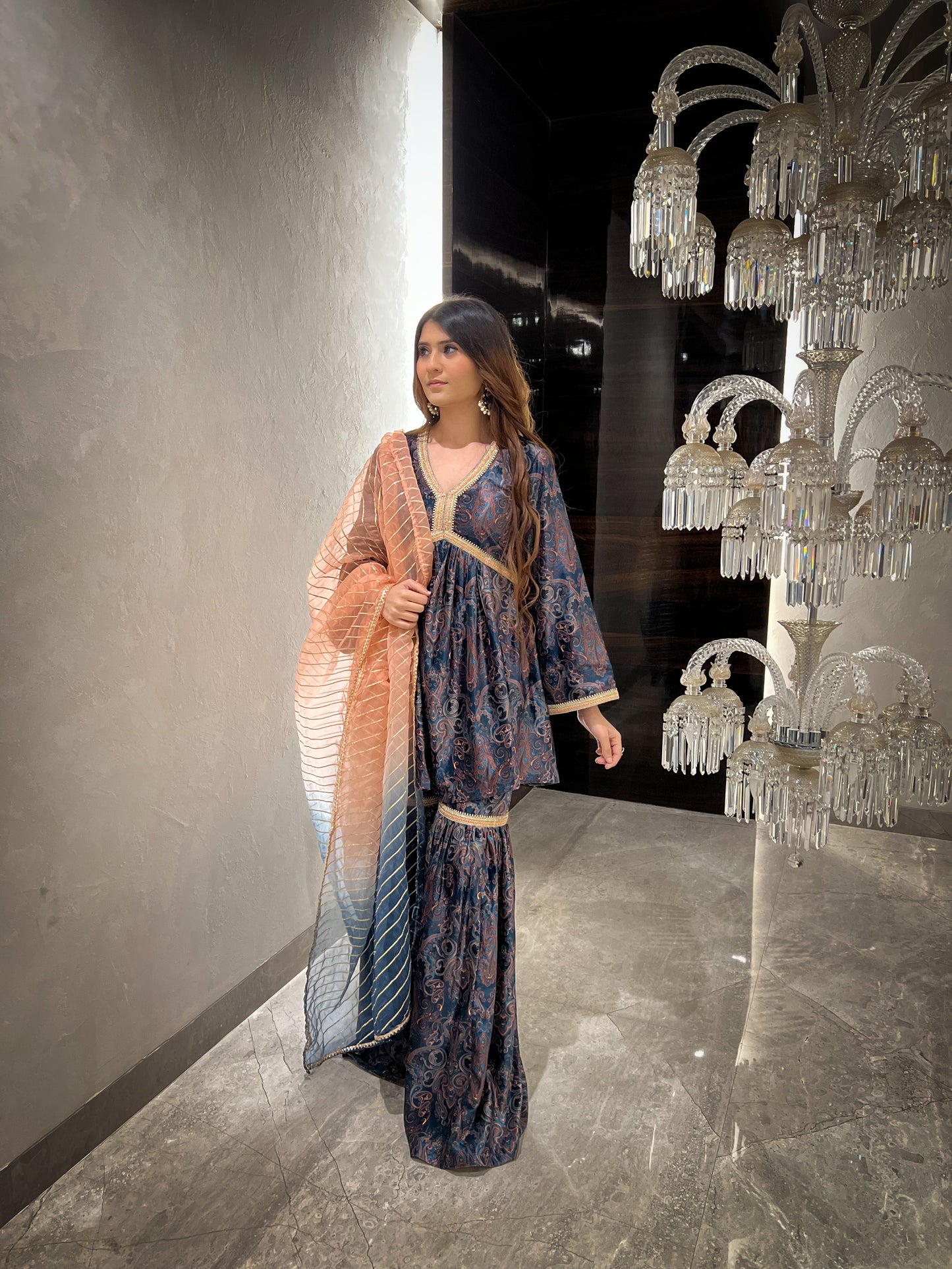 Ghazal Printed Velvet Short Flared Kurta with Gharara and Organza Dupatta/Velvet Stole - Set of 3