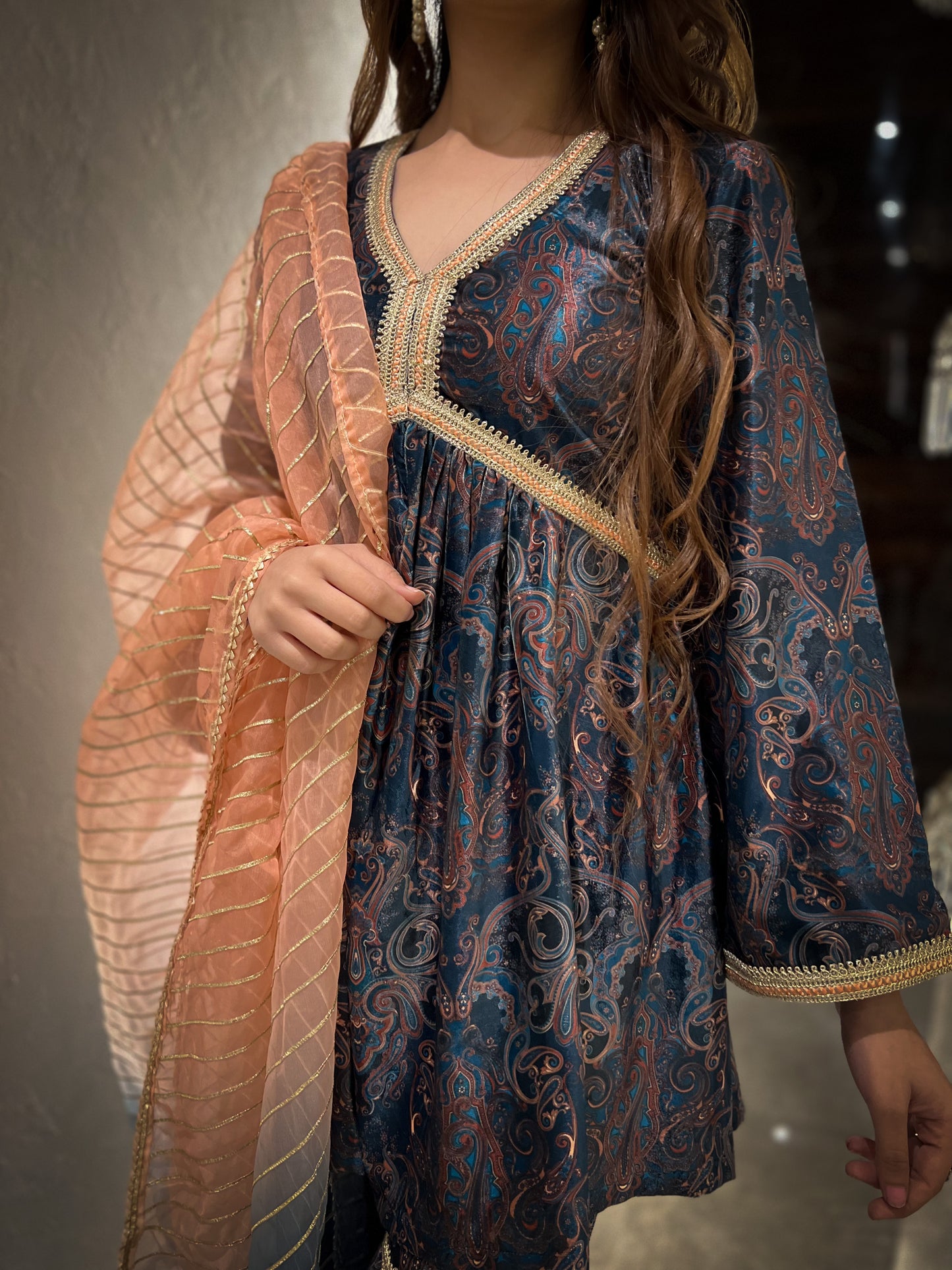 Ghazal Printed Velvet Short Flared Kurta with Gharara and Organza Dupatta/Velvet Stole - Set of 3