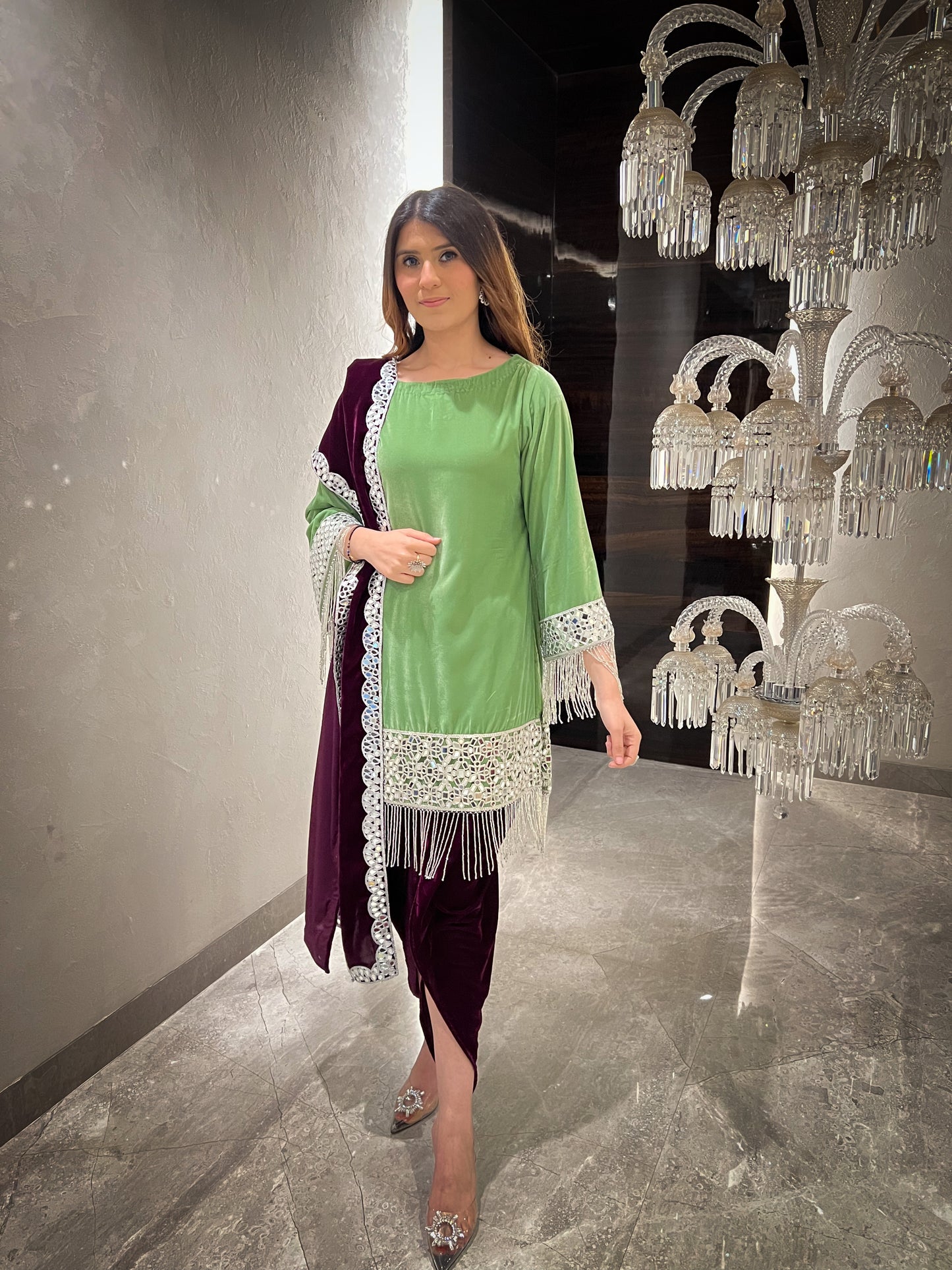 Gul Velvet mirror work A-line Kurta with Tulip Pants and Velvet Stole