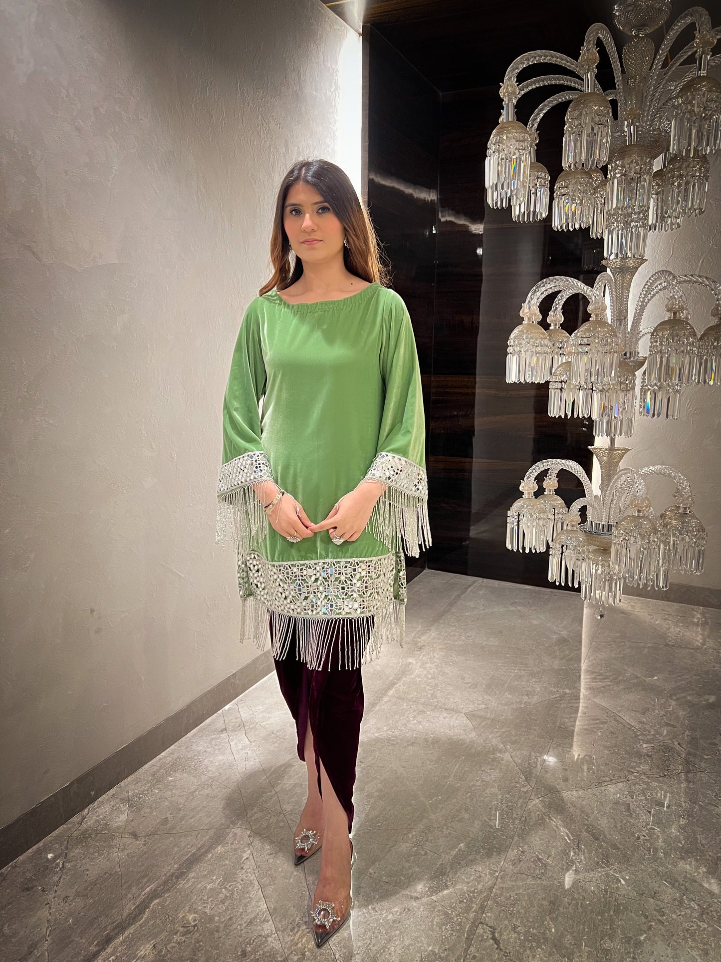 Gul Velvet mirror work A-line Kurta with Tulip Pants and Velvet Stole