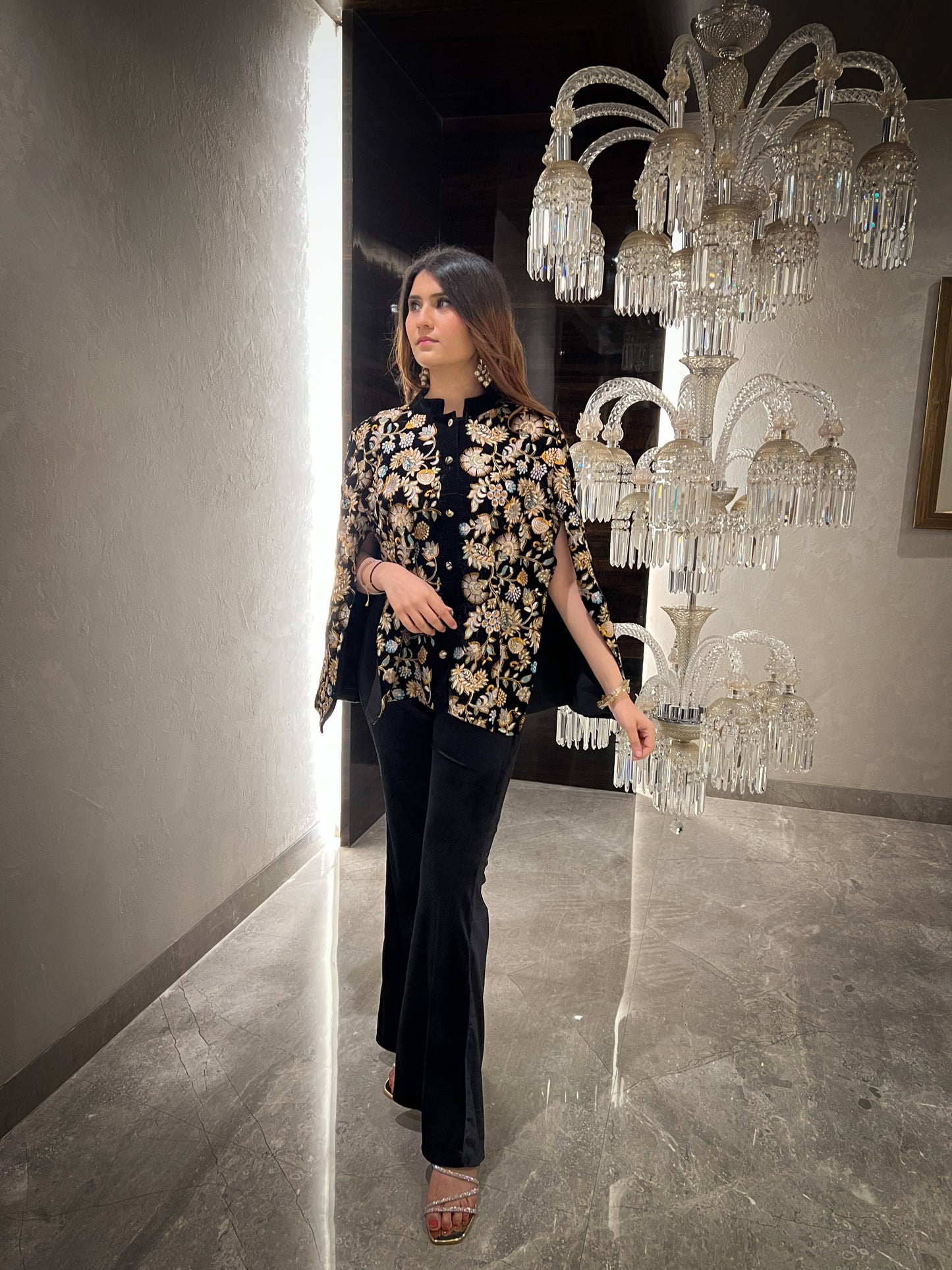 Sawera Coloured Floral Embroidered Velvet Cape with Velvet Fit & Flared Pants and Bustier - Set of 3